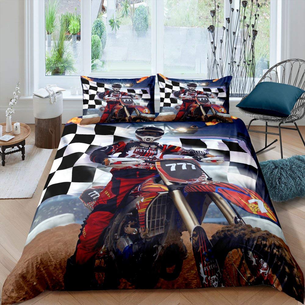 Homewish Dirt Bike Duvet Cover Motocross Rider Comforter Cover Set Motorcycle Extreme Sport Game Bedding Set King Size Motorbike Racer Bedspread Cover For Kids Boys Teens Young Man — image 1