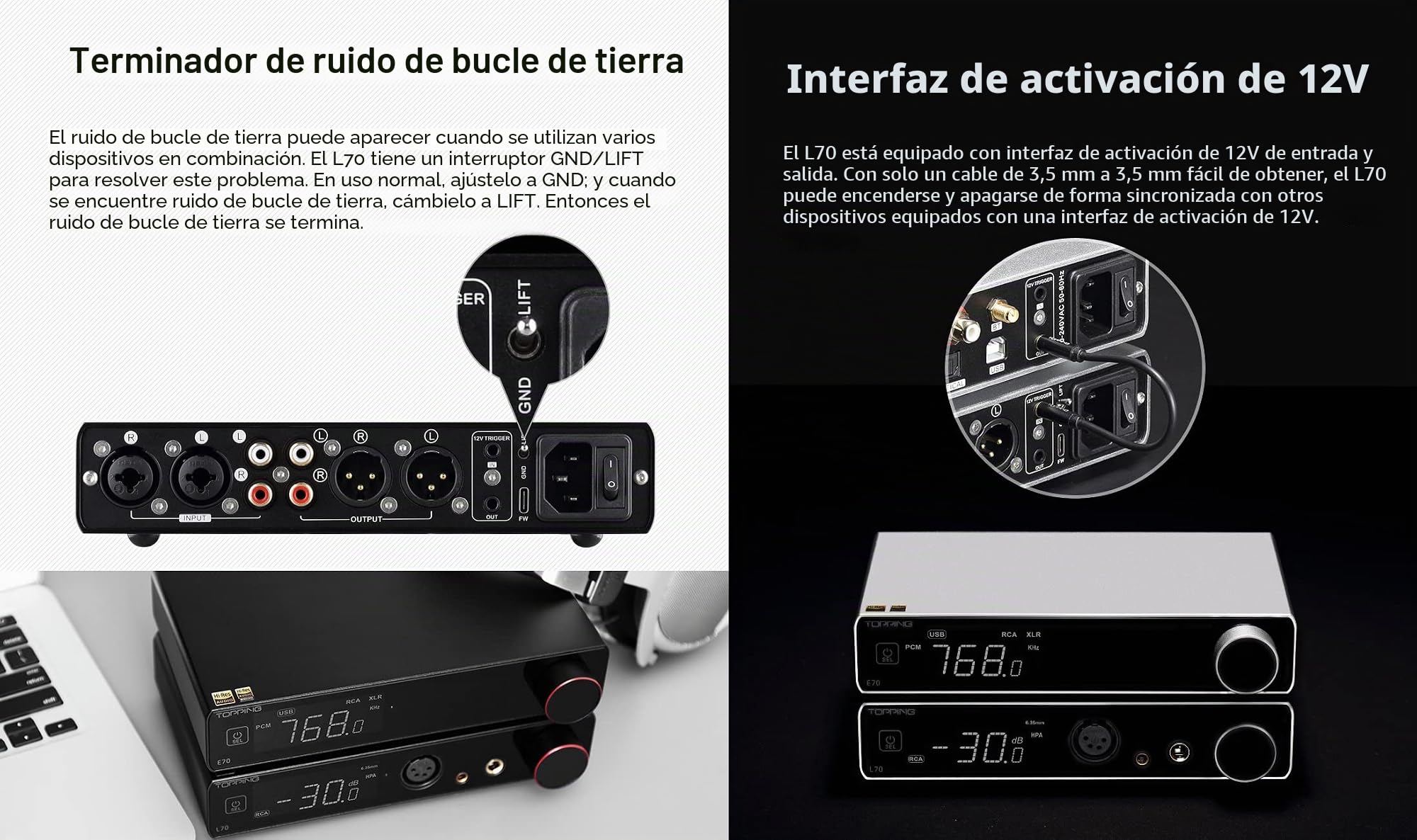 Topping L70 Amplificador de Auriculares NFCA Totalmente balanceado 4-Pin-XLR/4.4mm balanceado/6.35mm SE Amplificador de Auriculares 7500mWx2 Ouput R2R HiFi Amp Audio Hi-Res Preamplificador
