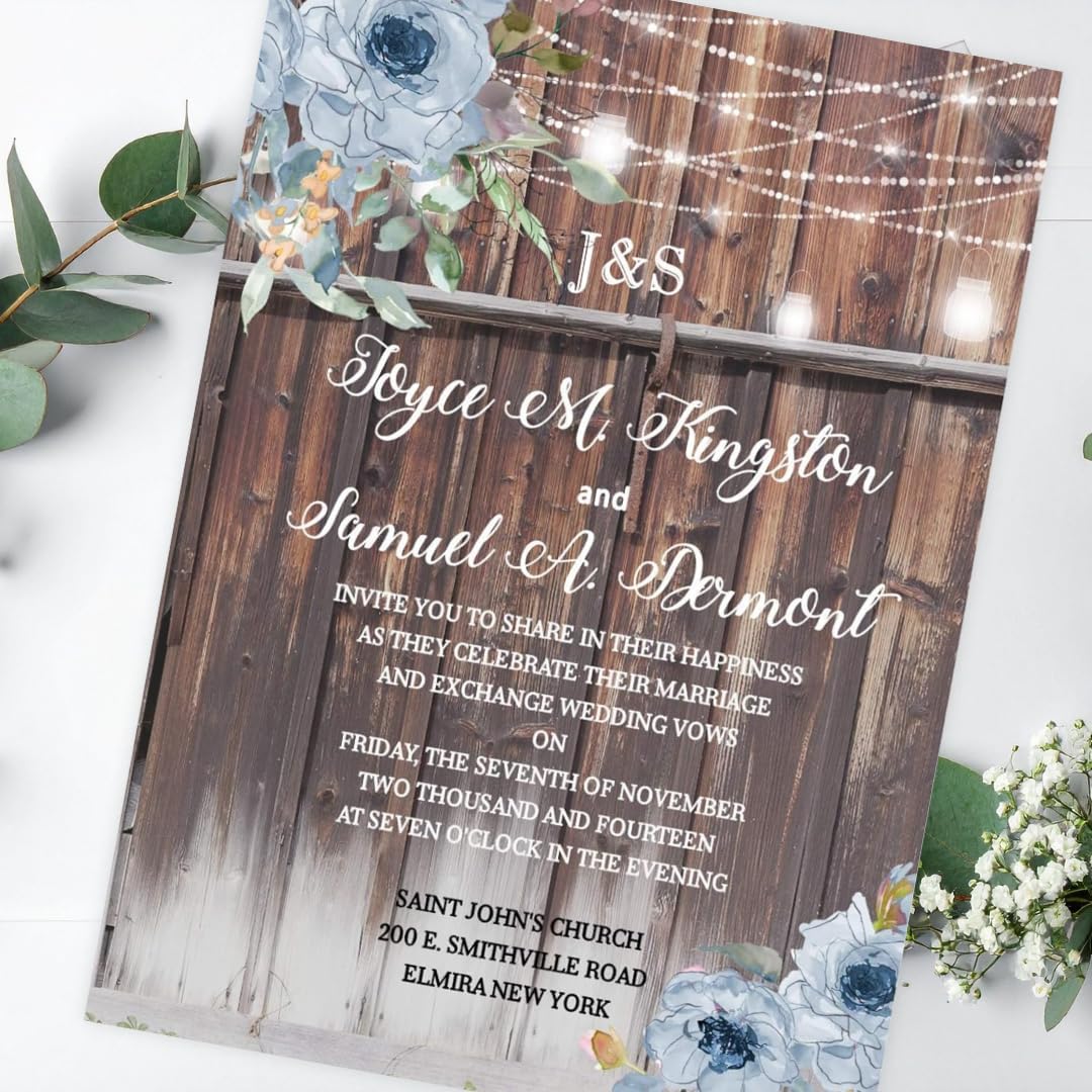 Rustic Custom Dusty Blue Rose Glossy Thick Personalized Set of 15 Wedding Invitations With Envelopes, Country Weddings and Anniversary Event