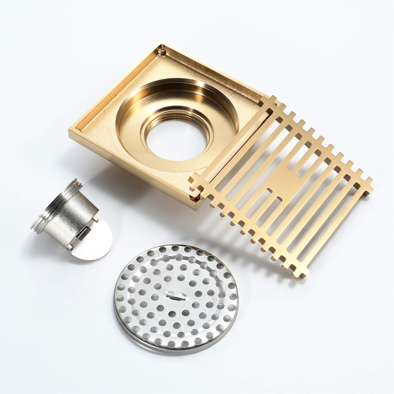 Scarico per Doccia Color Oro Champagne, Scarico per Doccia in Ottone, Scarico per Doccia Quadrato a Grande Portata con griglia di Copertura Rimovibile per WC da Bagno