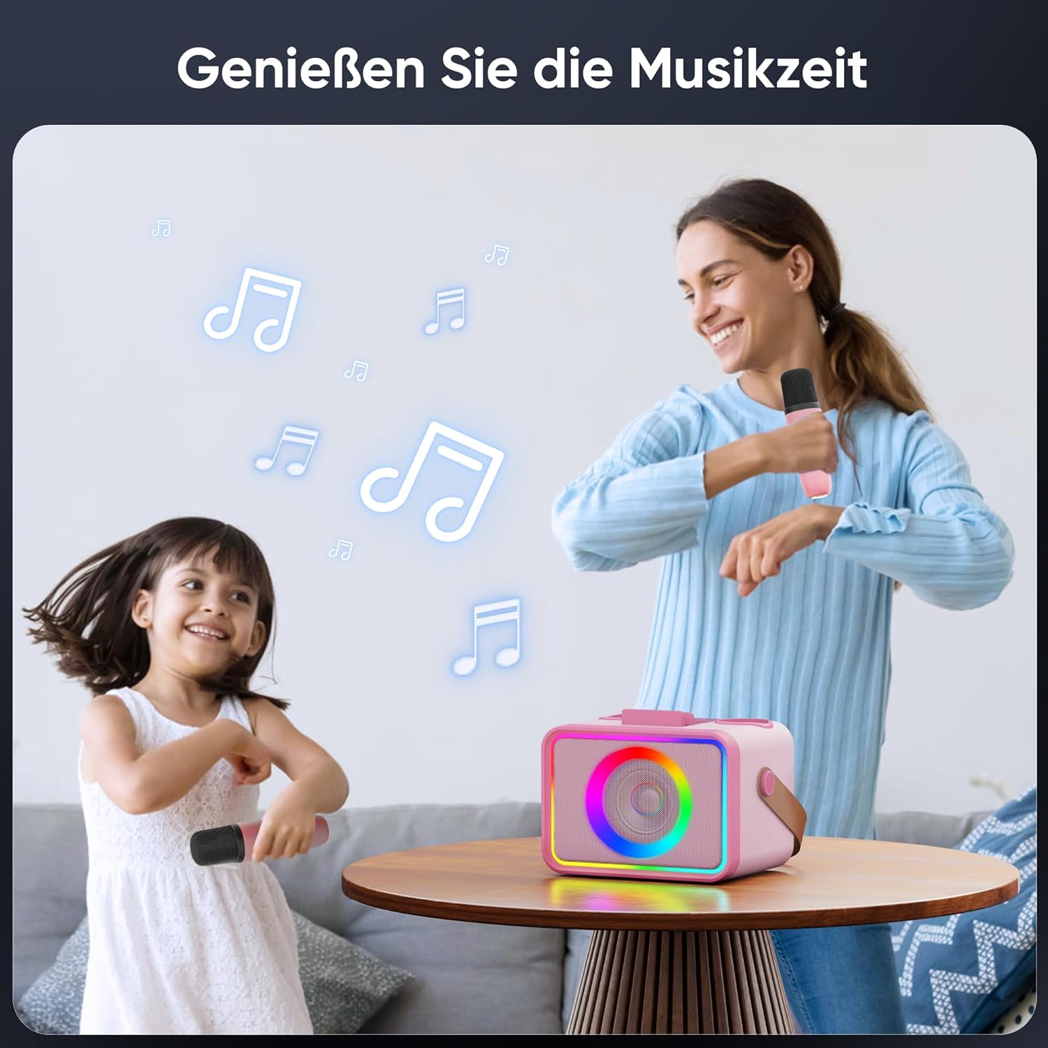 A woman and a child singing karaoke with the Wowstar machine in a living room