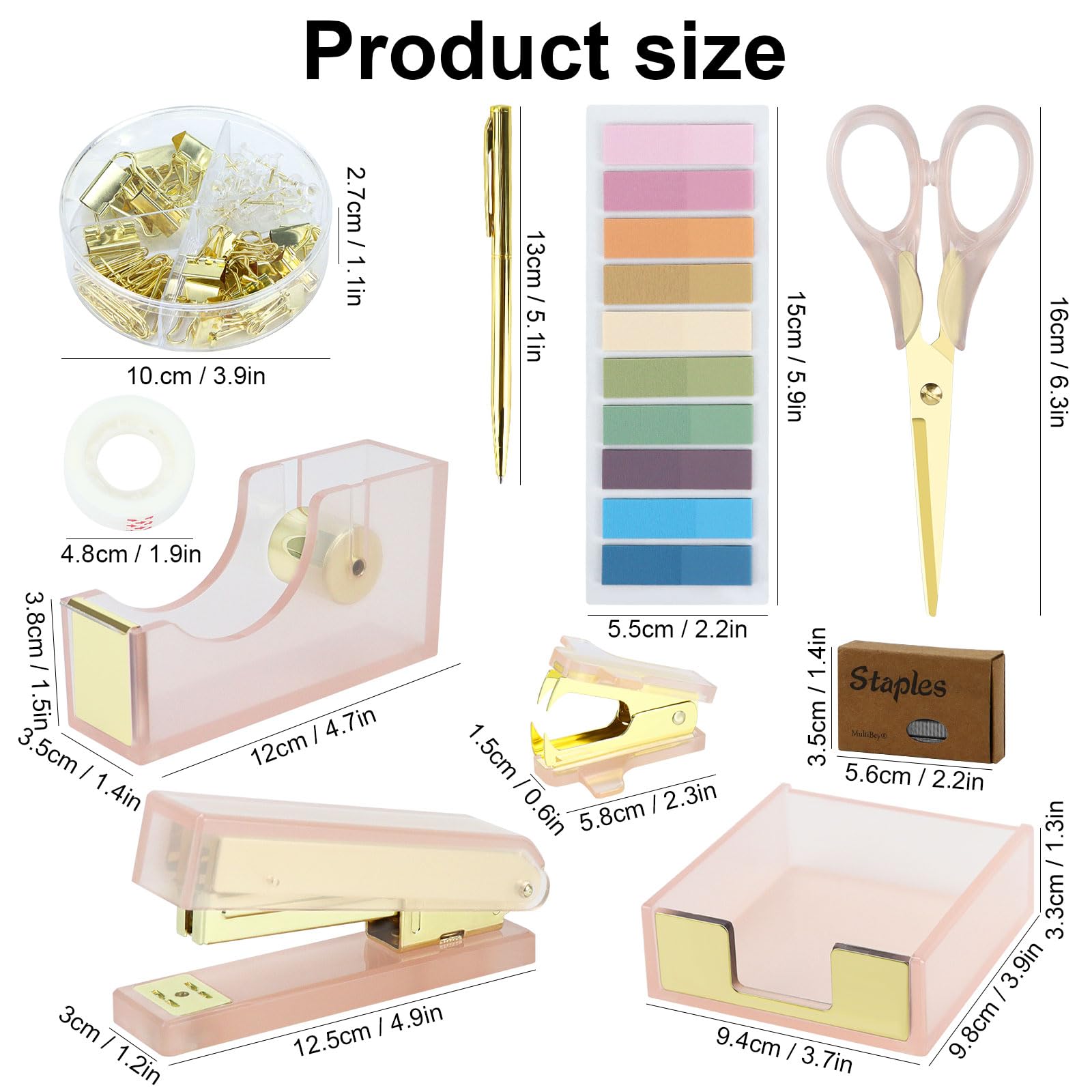 MultiBey Set di graffette adesive in acrilico rosa e oro, pinzatrice e dispenser di nastro adesivo con note adesive, 950 graffette e nastro, levapunti, forbici, penna a sfera, graffette, set per