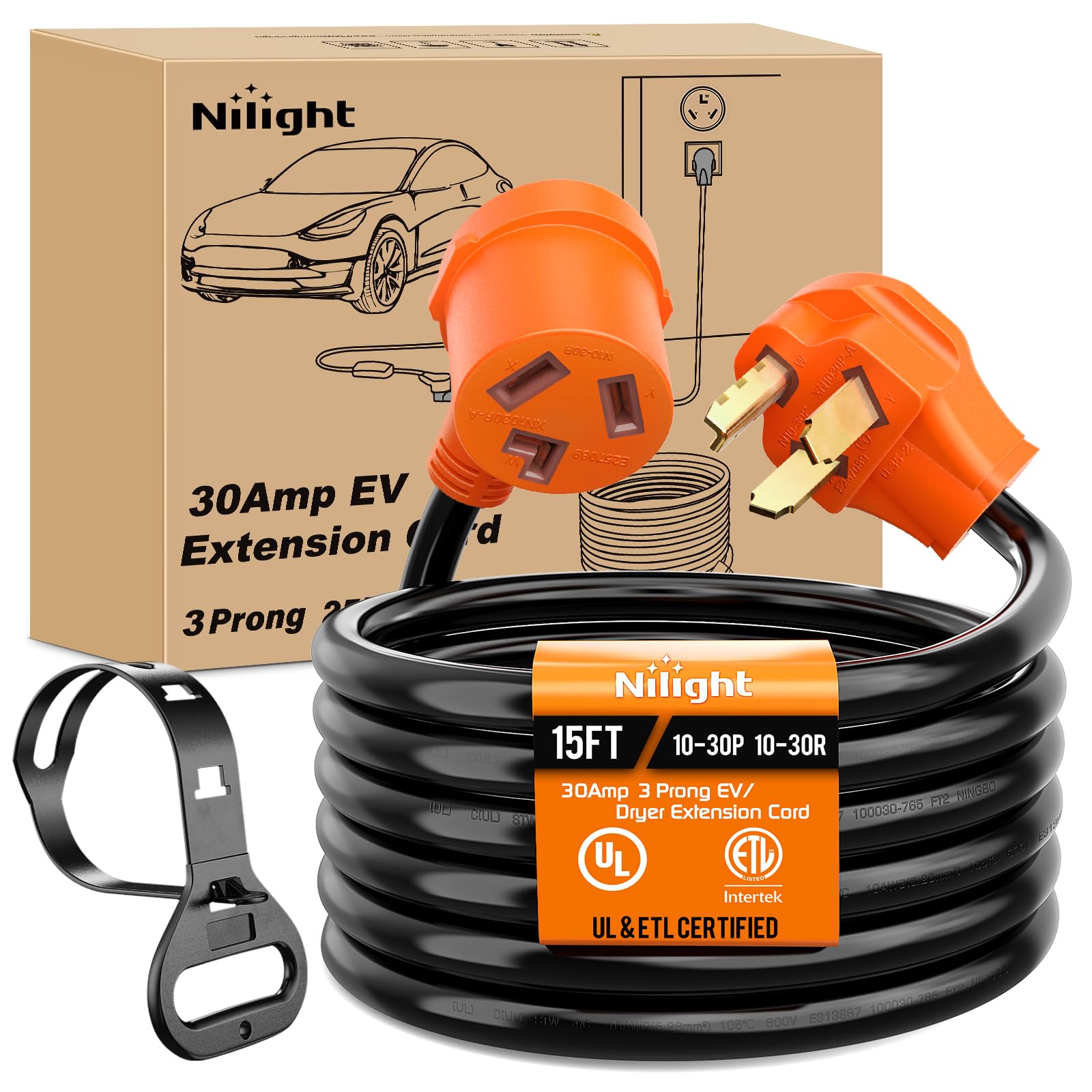 Nilight 15FT EV Dryer Extension Cord 30 Amp 3 Prong UL Listed 10 Gauge