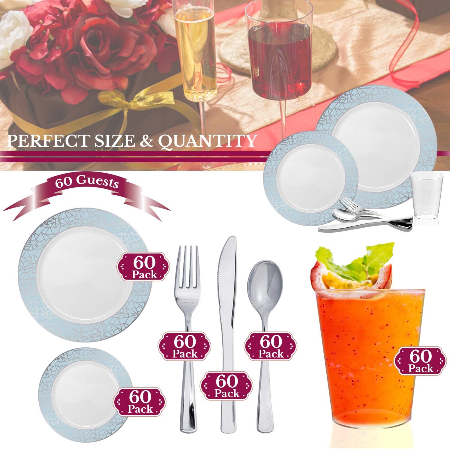 Elegant Disposable Plastic Dinnerware Set for 60 Guests - Fancy White with Blue & Silver Dinner Plates, Holiday Plates, Silverware Set & Holiday Plastic Cups, Disposable Plates