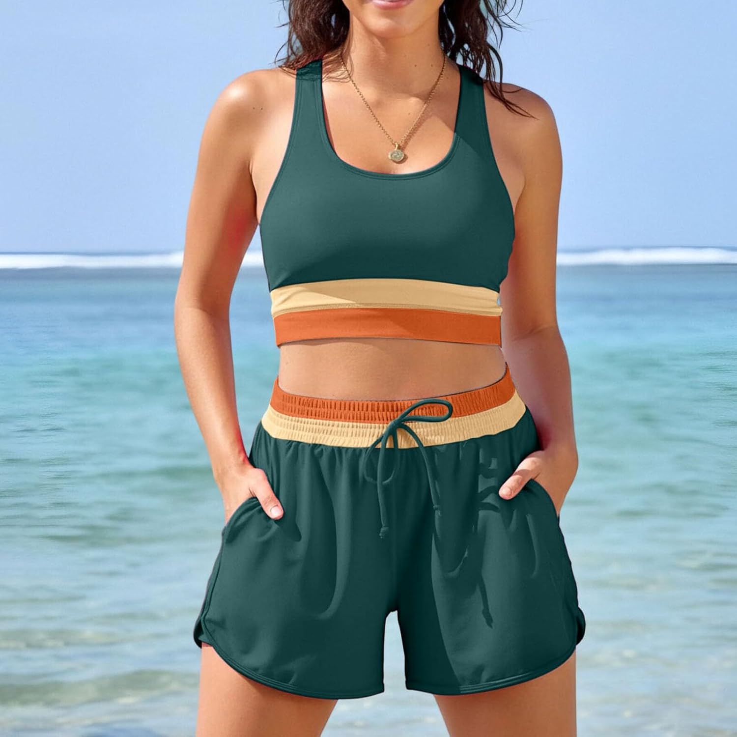 YRAETENM Two Piece Swimsuit for Women Modest Bathing Suits with Shorts Cute Color Block Bikini Sets Casual Vacation Swimwear