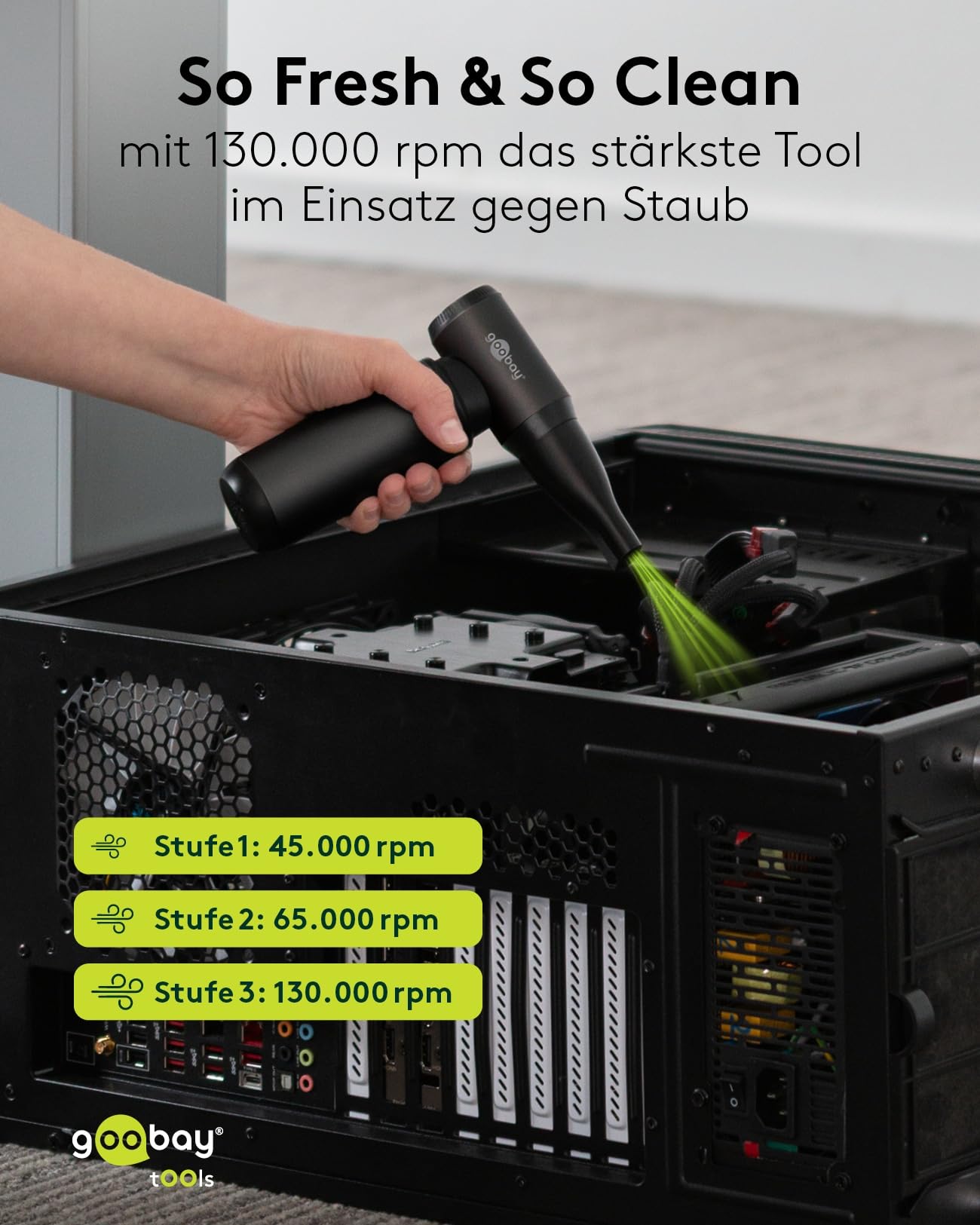 goobay Staubgebläse Superior mit 3 Stufen, 6.000 mAh Akku, 130.000 rpm, bis 110 min Betriebsdauer, inkl. 8 Aufsätze zum Entfernen von Staub auf Tastaturen, im PC, im Sofa, Autointerieur – 77831