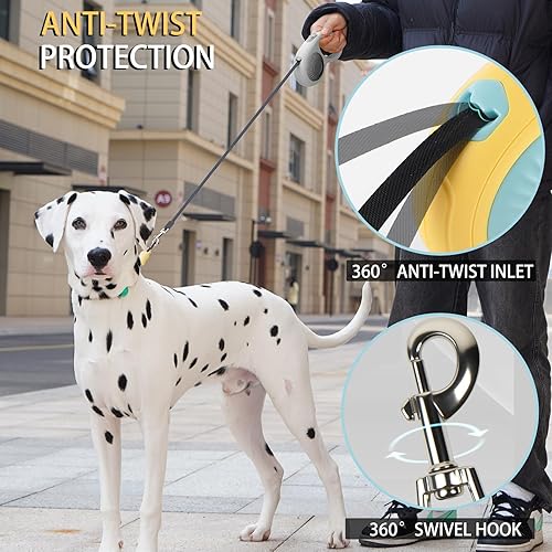 Miniatura 5 de JSXD Correa retráctil de 360 sin enredos para perro con freno con una sola mano, pausa, bloqueo, cinta de nailon resistente de 10 pies para