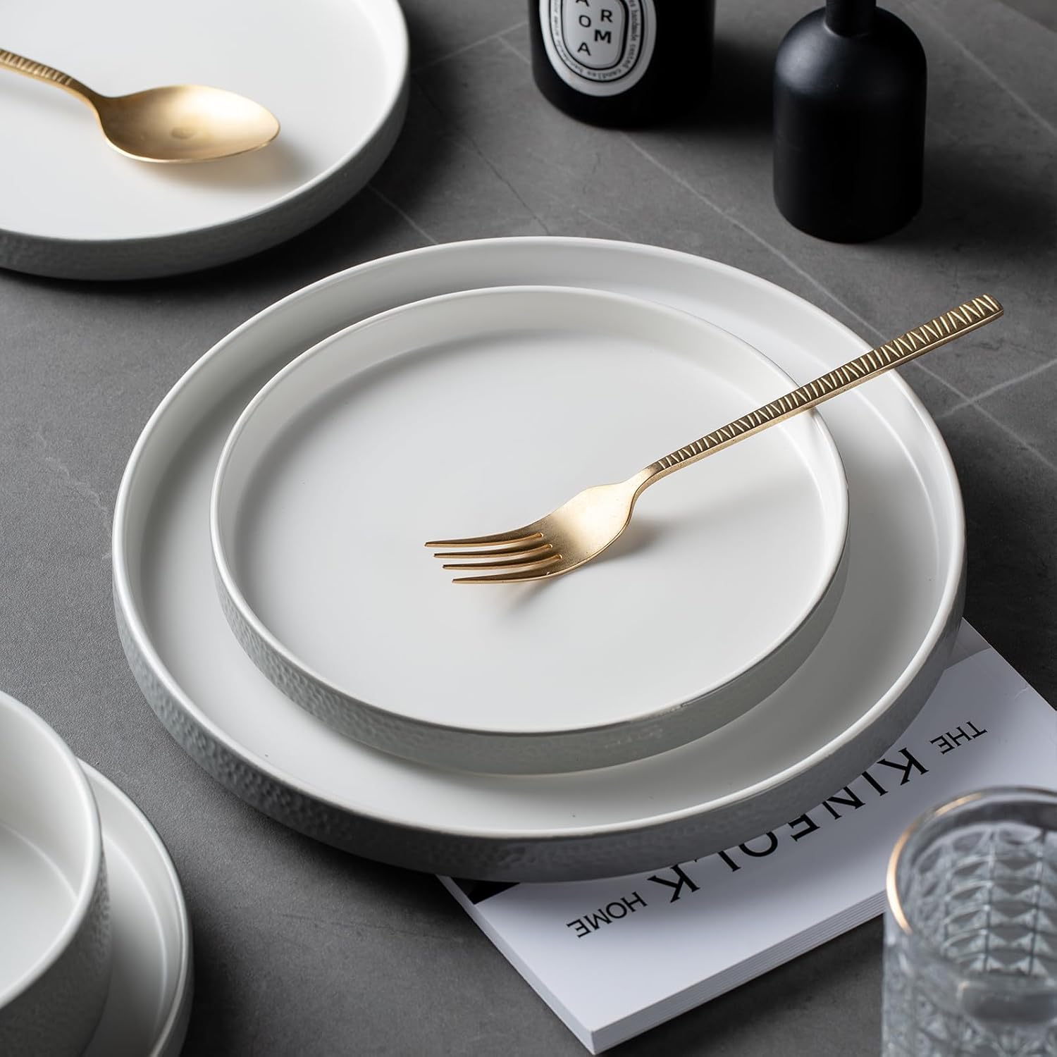 Vajilla para 4 personas, juego de vajilla de gres, 12 piezas, vajilla de porcelana con plato llano, plato de postre, cuencos de cereales, microondas y lavavajillas, resistente a los arañazos