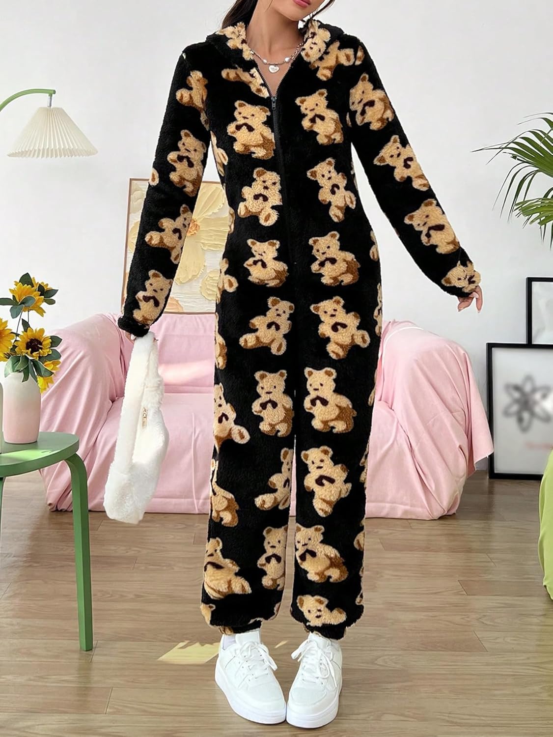ZAFUL Women's Onesie Hooded Pajamas Fluffy Zipper Long Sleeve Fleece Jumpsuit Sleepwear - Image 2