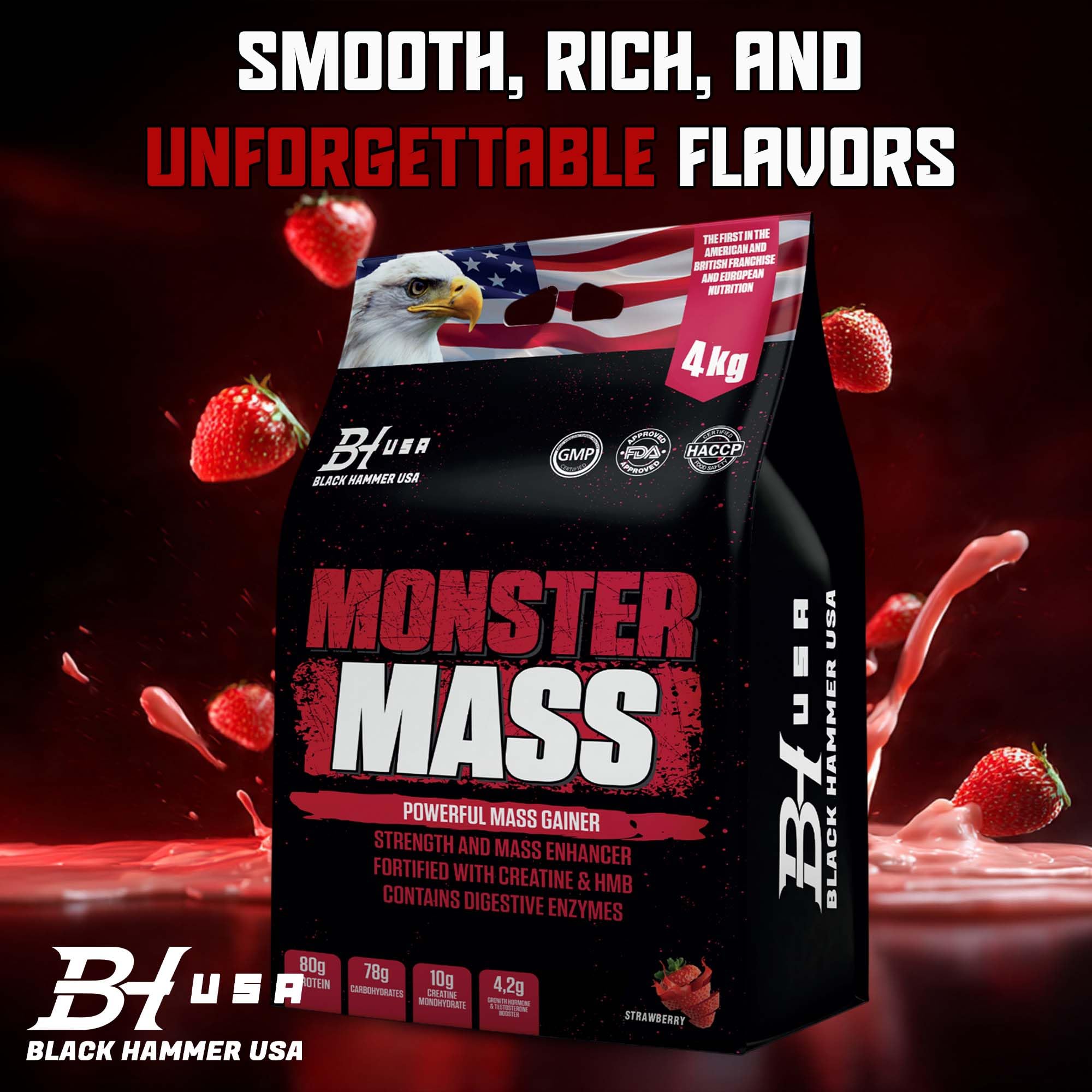 MONSTER Mass Gainer 4kg / 8kg Weight Gainer Protein Powder High Calorie Muscle Builder + FREE Nano Lemon – Black Hammer USA (4000g, Erdbeere)