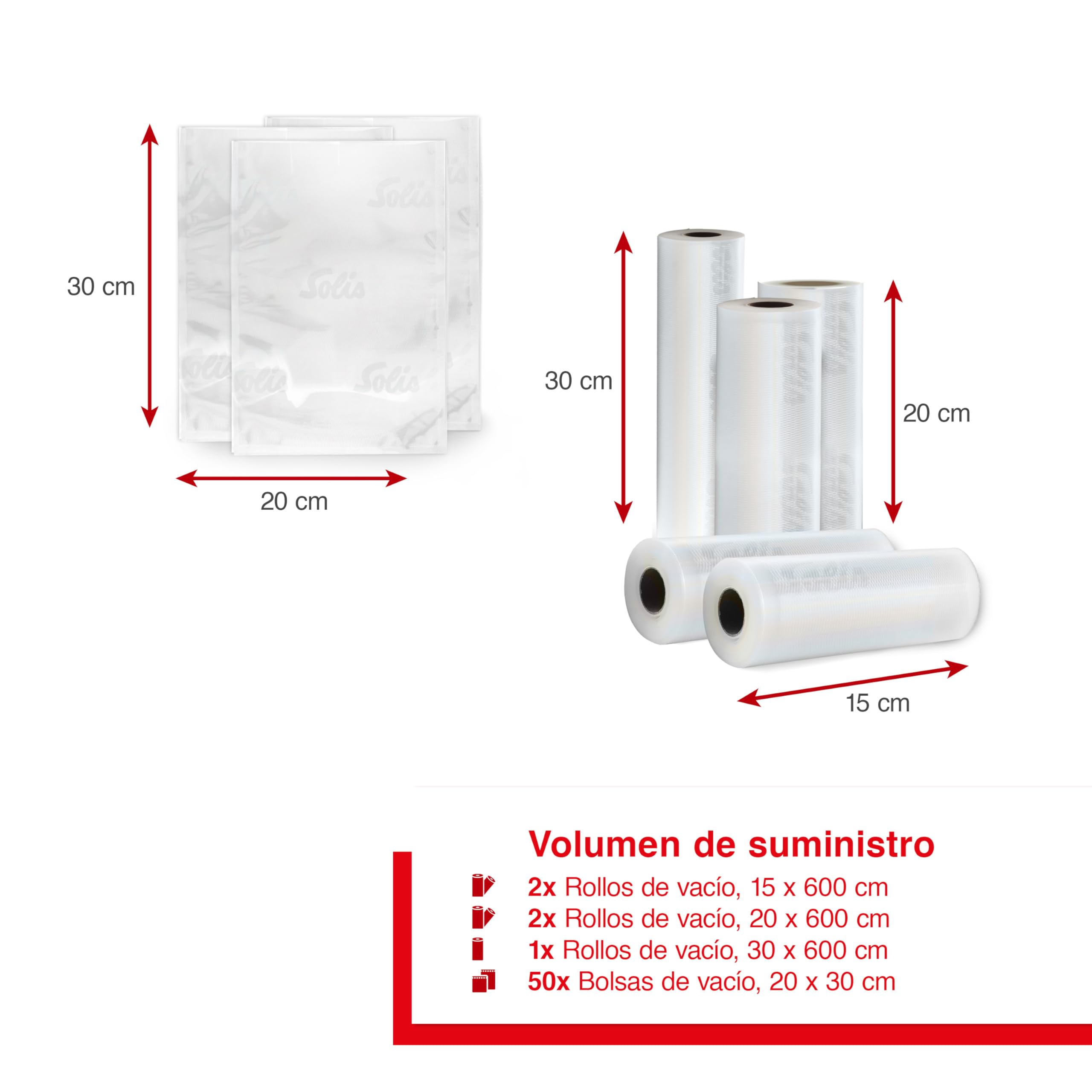Solis 5 rollos de película y 50 bolsas al vacío, ideal para usar con máquinas de envasado al vacío, sin BPA