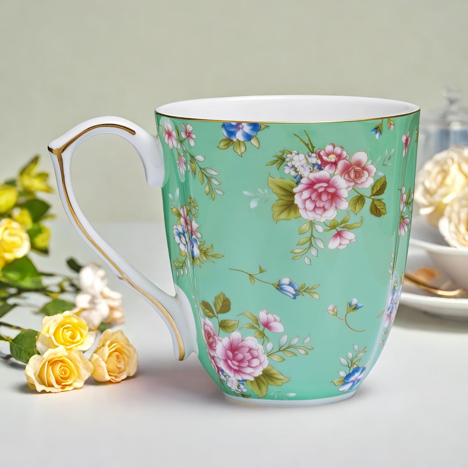 13oz Bone China Floral Mug with Gold Bone China Coffee Mugs Bone Teacup Christmas Mugs Birthday Gifts for Women Mom Friends Coworker - Image 3
