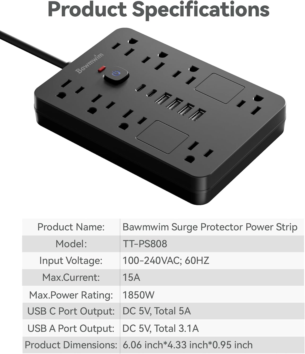 Surge Protector Power Strip - 11 Outlets(1850W/15A) with 6 USB Ports(2 USB C), 6/10FT Flat Plug Extension Cord, Wall Mount, Black, ETL Listed for Home, Dorm Room