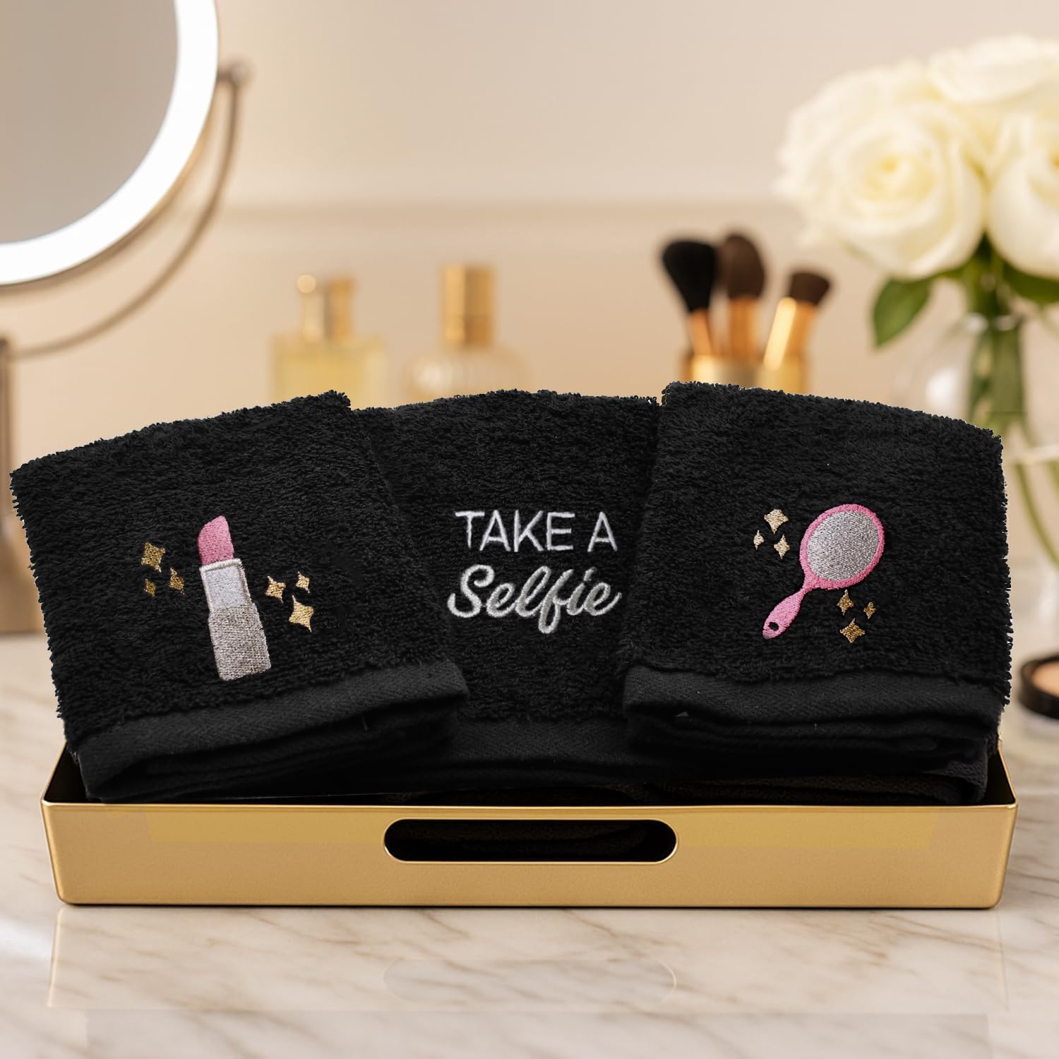 DAN River Black Makeup Towels - Pack of 6 (13x13 in) - Ultra Soft Cotton Face Towels with Embroidery - Reusable, Quick-Dry & Machine Washable Makeup Remover Cloths for Bathroom, Spa & Salon image 2
