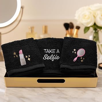 DAN River Black Makeup Towels - Pack of 6 (13x13 in) - Ultra Soft Cotton Face Towels with Embroidery - Reusable, Quick-Dry & Machine Washable Makeup Remover Cloths for Bathroom, Spa & Salon