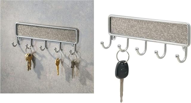 iDesign Twillo Key Holder for Wall, Wall Mounted Rack with 5 Hooks for Keys, Silver Colored