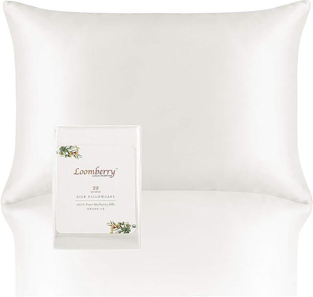 LOOMBERRY 22 Momme 100% Natural Pure Mulberry Silk Pillowcase for Hair and Skin (1 Piece) Both Sides 22 Momme Highest Grade 6A with Hidden Zipper Hypoallergenic (White Natural, Queen 50x76CM)