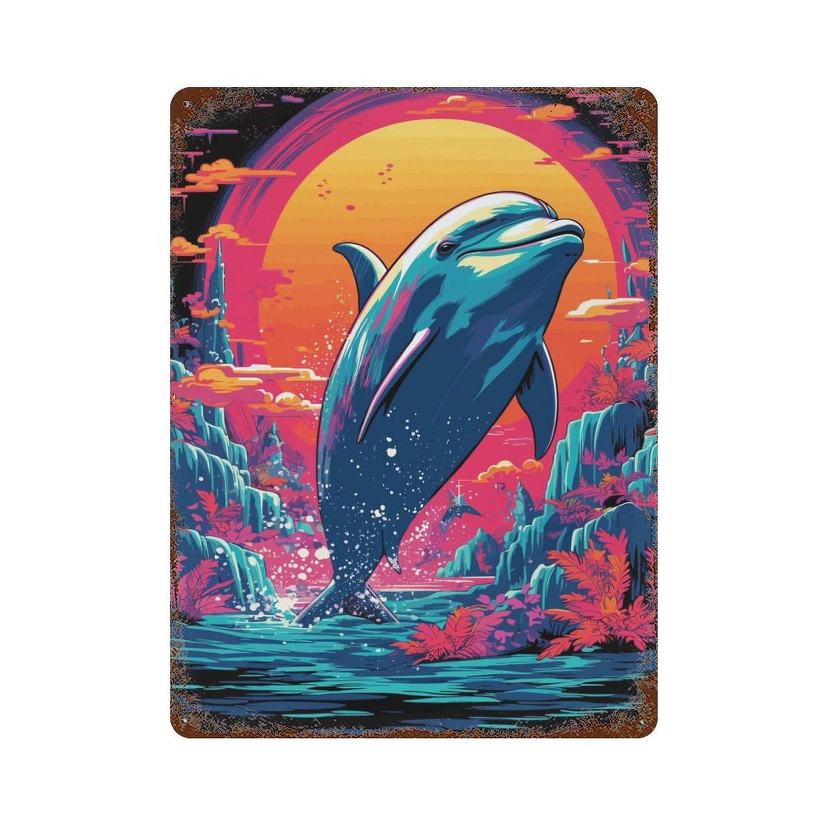 Retro Dolphin Jump Rusty Metal Tin Sign 15.7"x11.8", Ideal for Farmhouse, Kitchen And Entryway Decor
