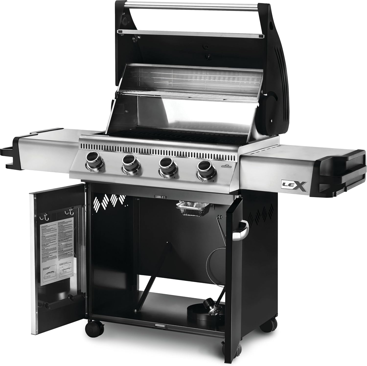 Napoleon 485 Propane Gas Grill with lid and cabinet doors open