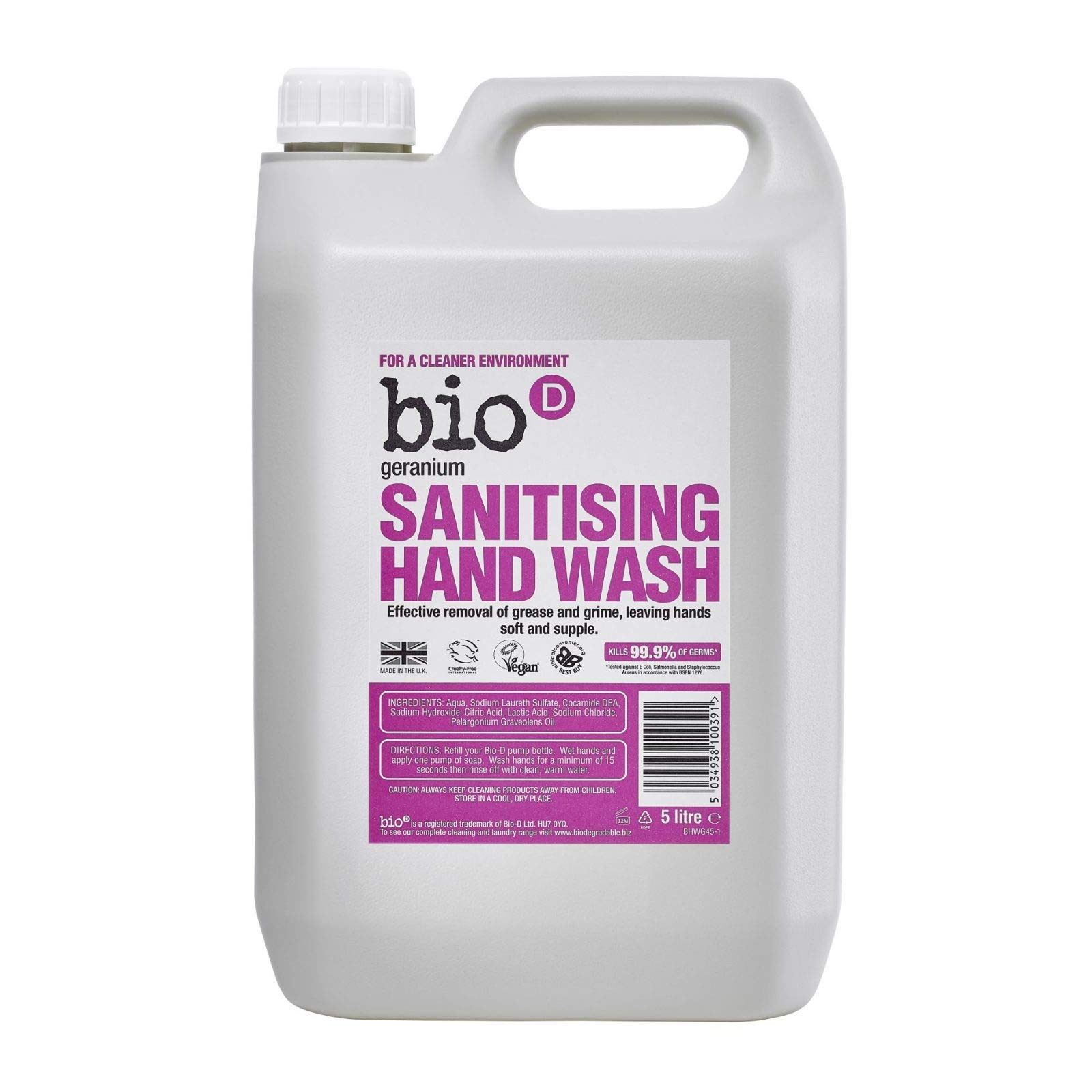 Bio-dVegan and Eco-Friendly Bio-d Geranium Sanitising Hand Wash (1 x 5ltr) - 100% Recycled Packaging Cleaning Product