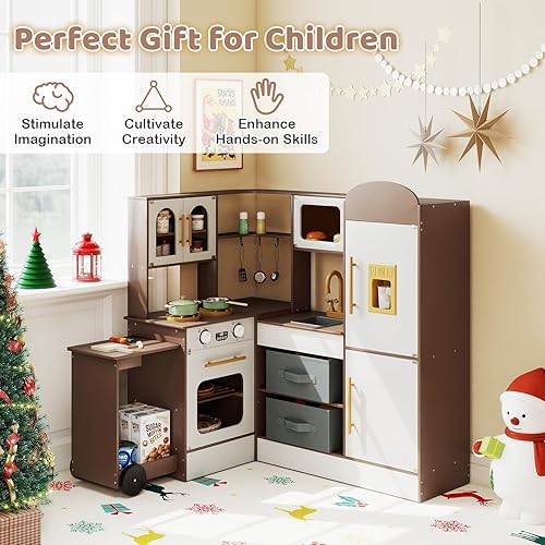 Miniatura 9 de Costzon Cocina de juego de esquina con luz y sonido reales, carrito extraíble, cubos de tela, estufas, máquina de hielo, microondas, horno, juego de