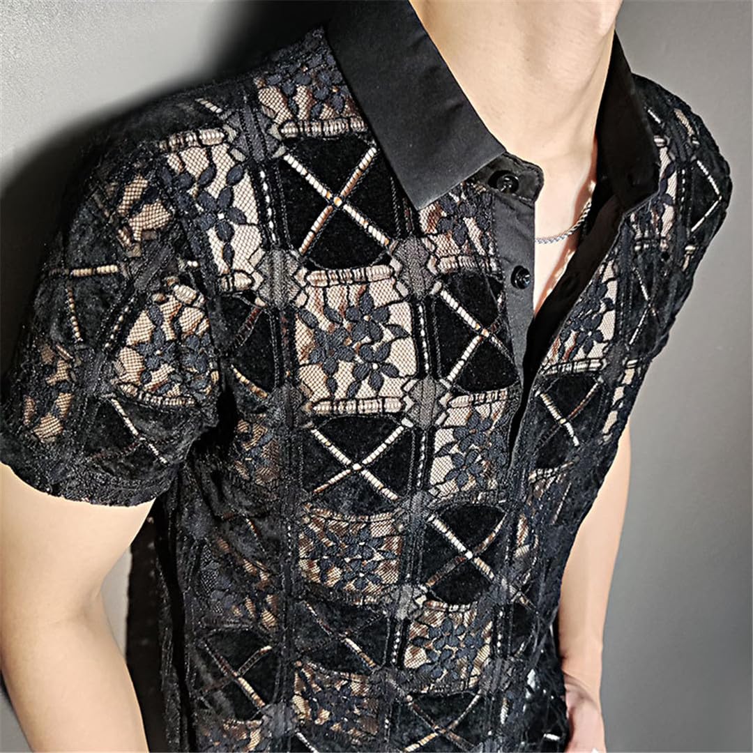 Yeuyyben Camicia Trasparente A Maniche Corte con Motivo Geometrico Estivo Camicia Nera da Uomo con Bottoni Trasparenti