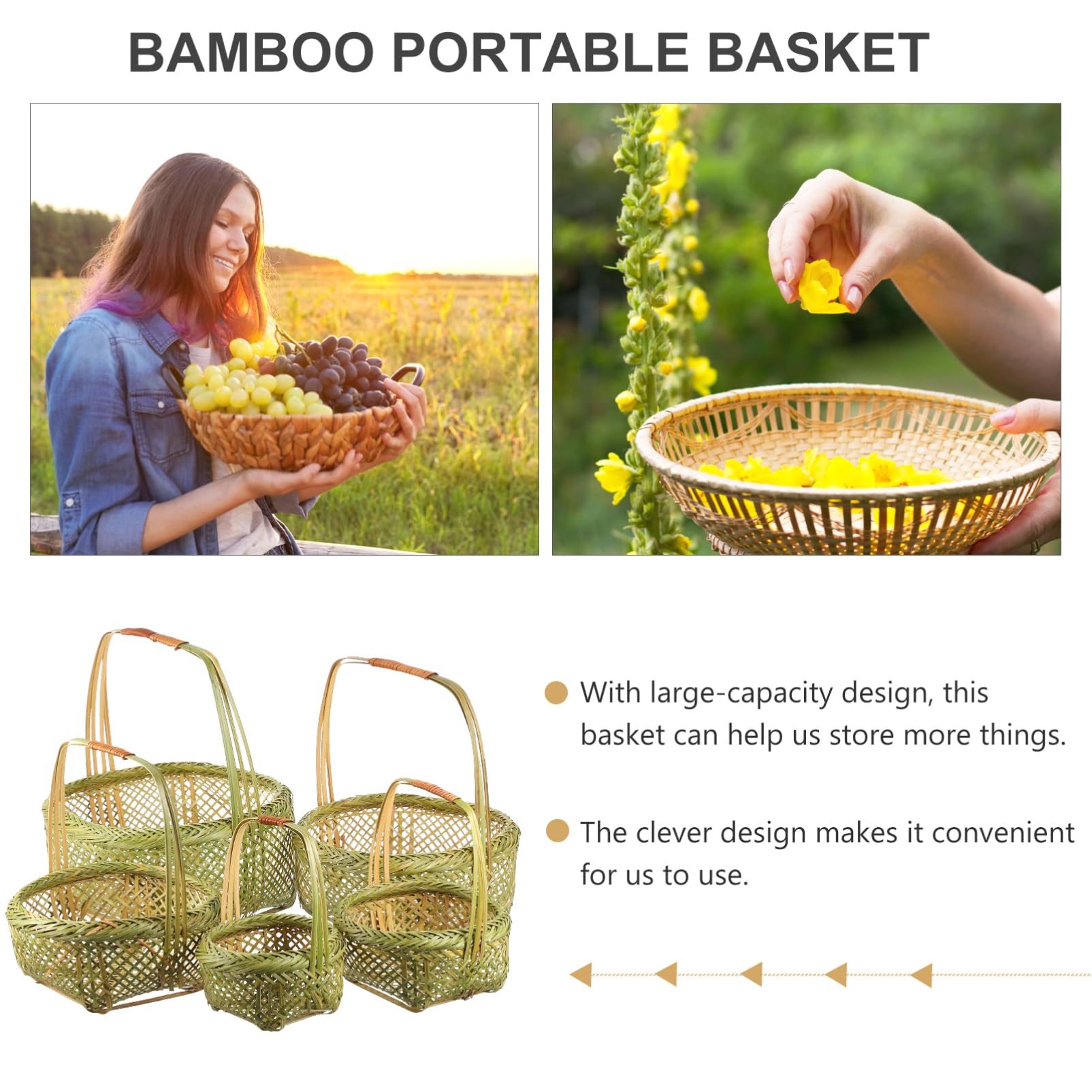Alipis Cesta de Picnic de Bambú Tejido con Asa, Juego de 5 Piezas