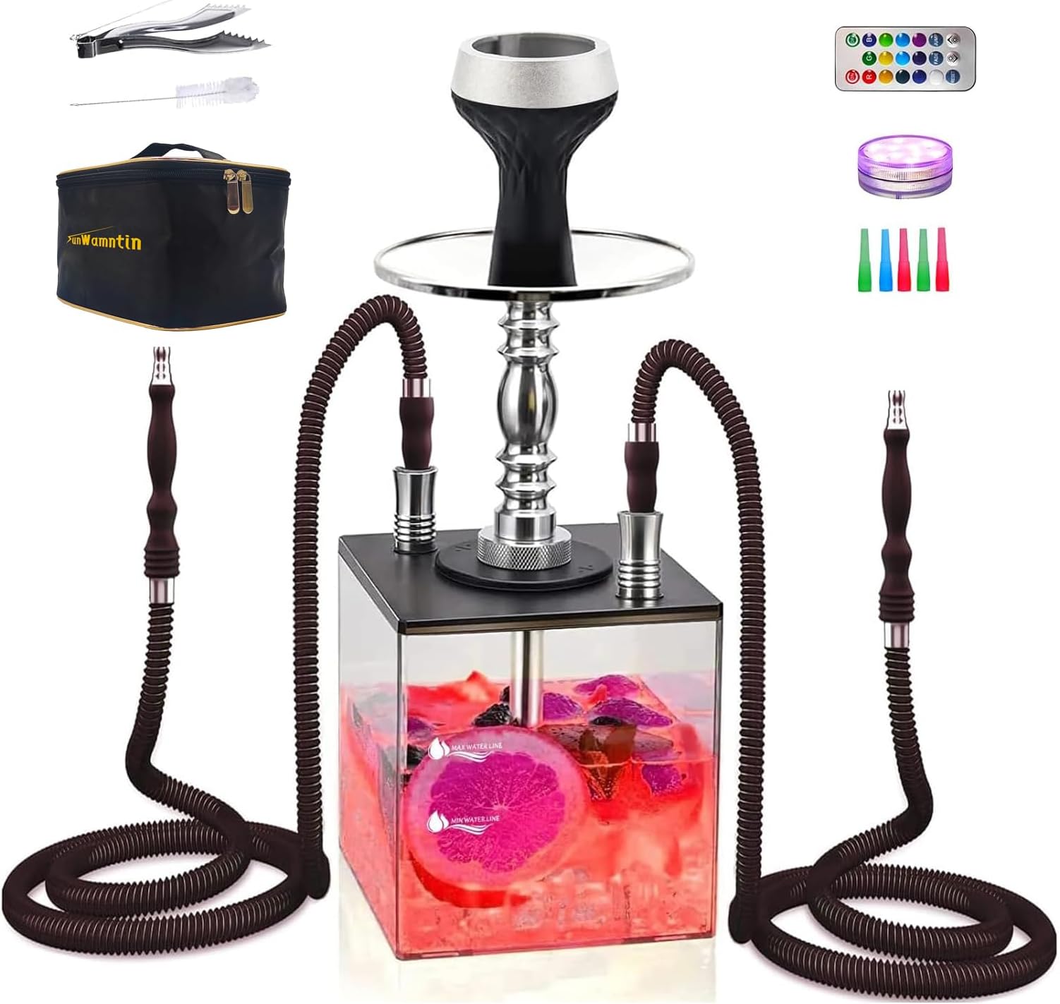 2 Hose Large Cloud Production Acrylic Hookah Set with Everything, Complete Shisha Pipe Kit with Silicone Hose for Shisha Smoking Experience（Black）
