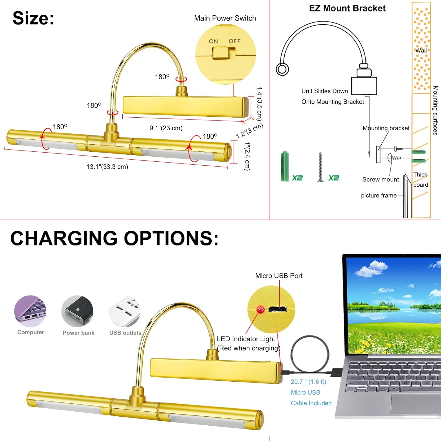 LUXSWAY Picture Lights for Paintings,Art Light,Dimmable Preset Timer Off Display Light for Portrait,Dart Board,Gallery,Showroom-Gold Color
