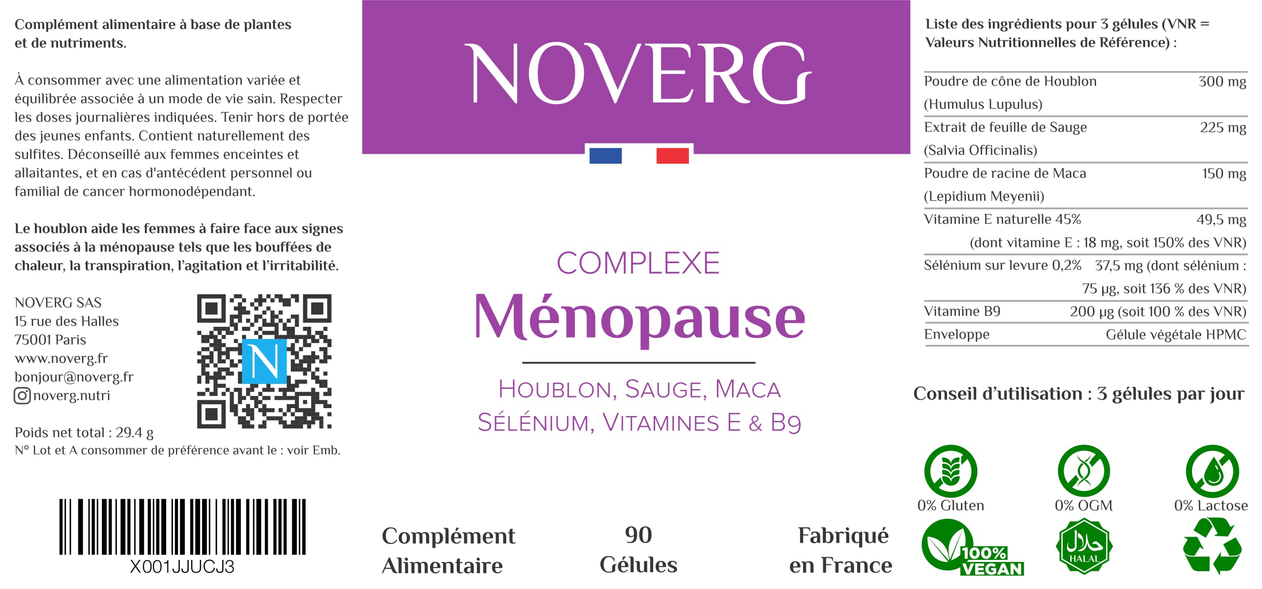 Ménopause | Bouffées de chaleur, Transpiration, Agitation et Irritabilité | Houblon, Sauge, Maca, Sélénium, Vitamines E & B9 | Vegan | 90 Gélules | Fabriqué en France