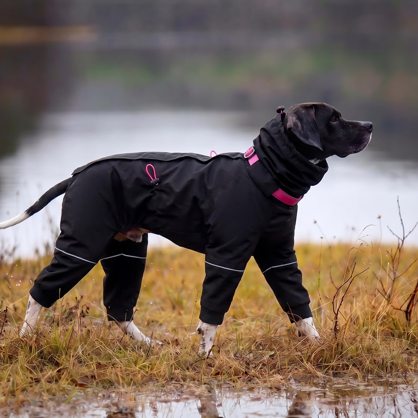 Kuoser Manteau de pluie imperméable pour chien avec capuche réglable Noir Taille XL | Manteau de pluie léger et respirant pour chien avec 4 pattes et col haut réglable réfléchissant