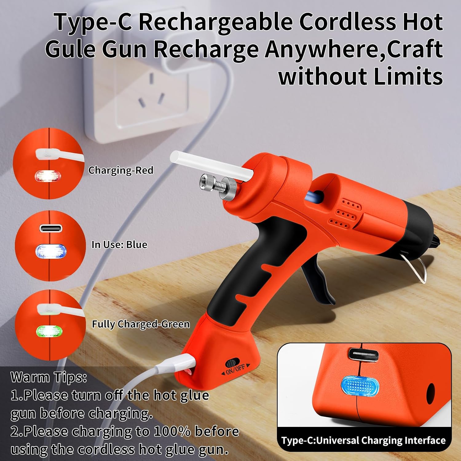 2026 Upgraded Cordless Hot Glue Gun with 32 Premium Glue Sticks, Fast Preheating and 2600mAh Type-C Rechargeable Hot Melt Glue Gun, Mini Glue Gun Ideal for Crafts, DIY Gift, Repairs(20w)