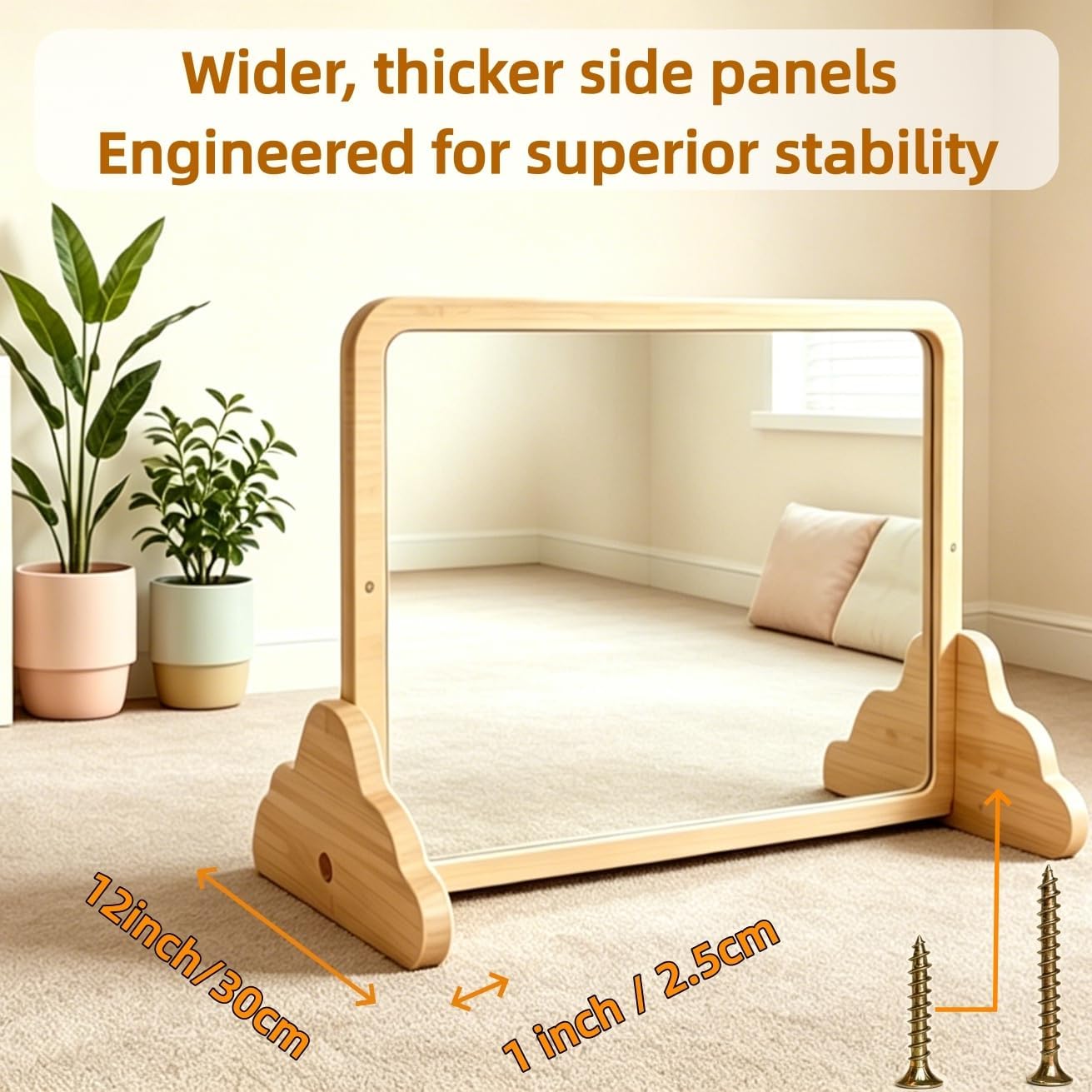 3-in-1 Montessori Baby Mirror with Bar, Tummy Time Mirror with Adjustable Pull-Up Bar & Shelf, Nursery Mirrors Montessori Learning Toy with Shatterproof Acrylic/ Natural Wood for Sensory Room Daycare
