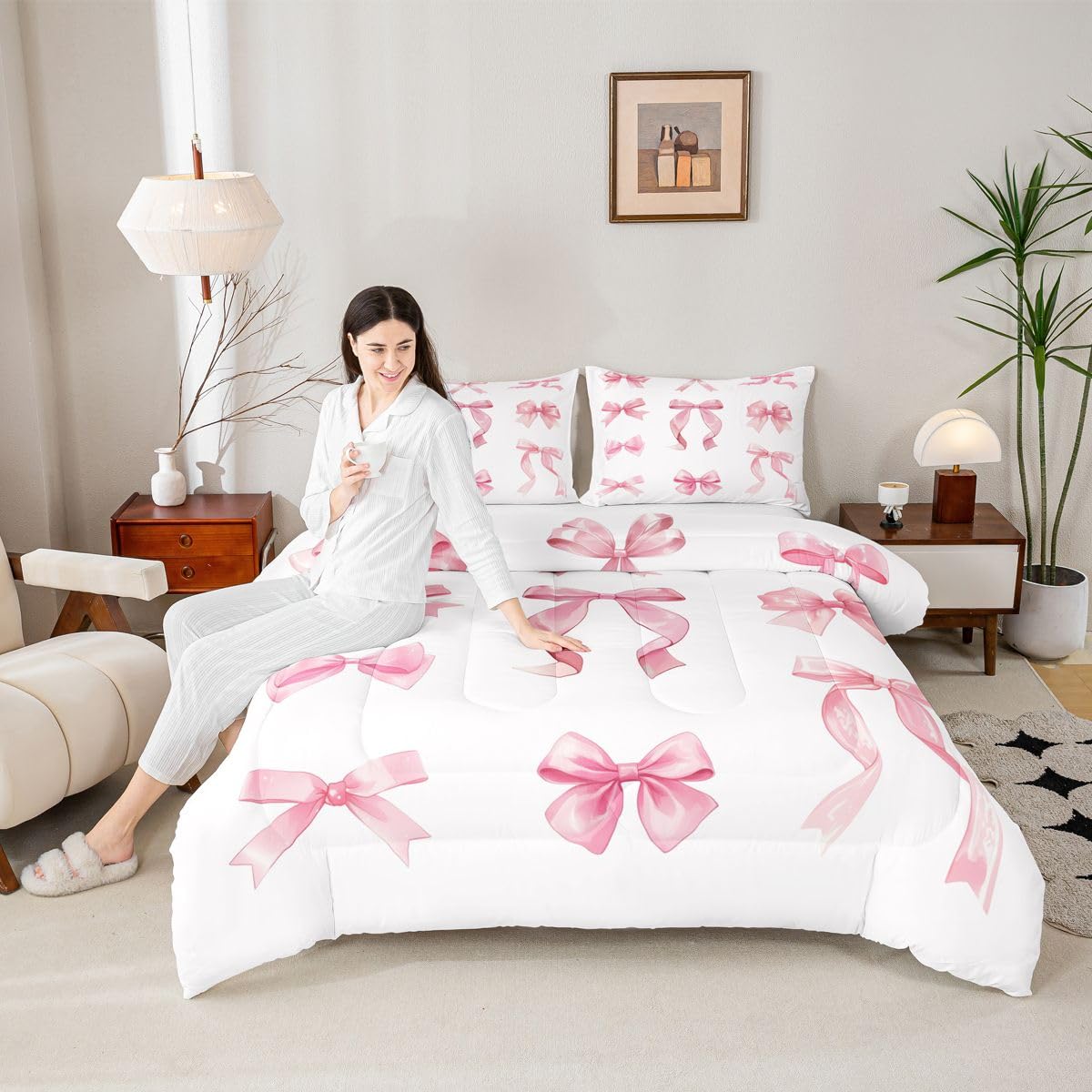 Manfei Set di biancheria da letto singolo con fiocco rosa, 2 pezzi, per bambini, ragazze, ragazzi e donne, decorazione per la camera da letto, copripiumino trapuntato Kawaii Princess Girly ultra