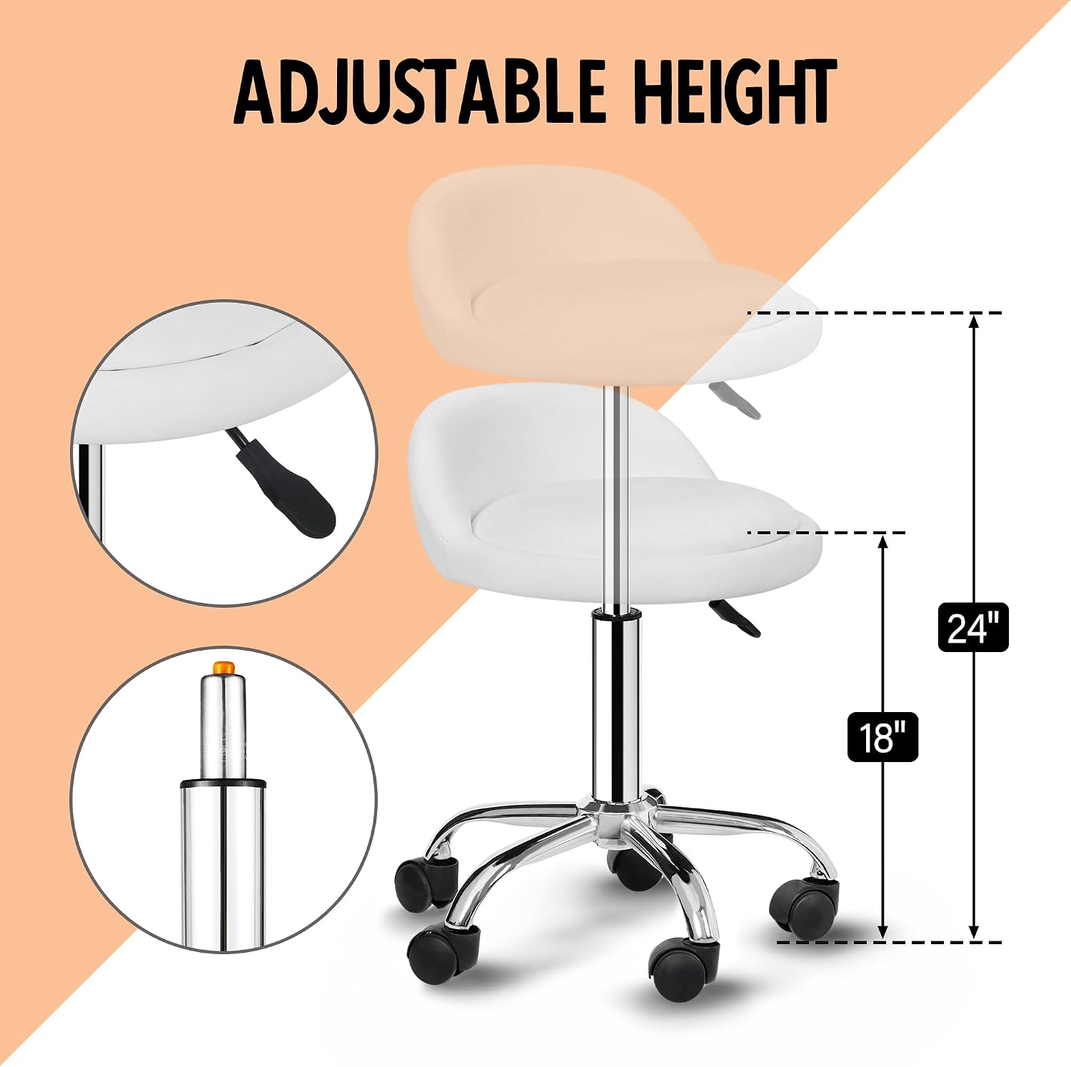ZENY Rolling Stool with Wheels, Adjustable Hydraulic Swivel Salon Stool, Spa Stool Chair with Backrest, Drafting Medical Tattoo Kitchen Stool,White
