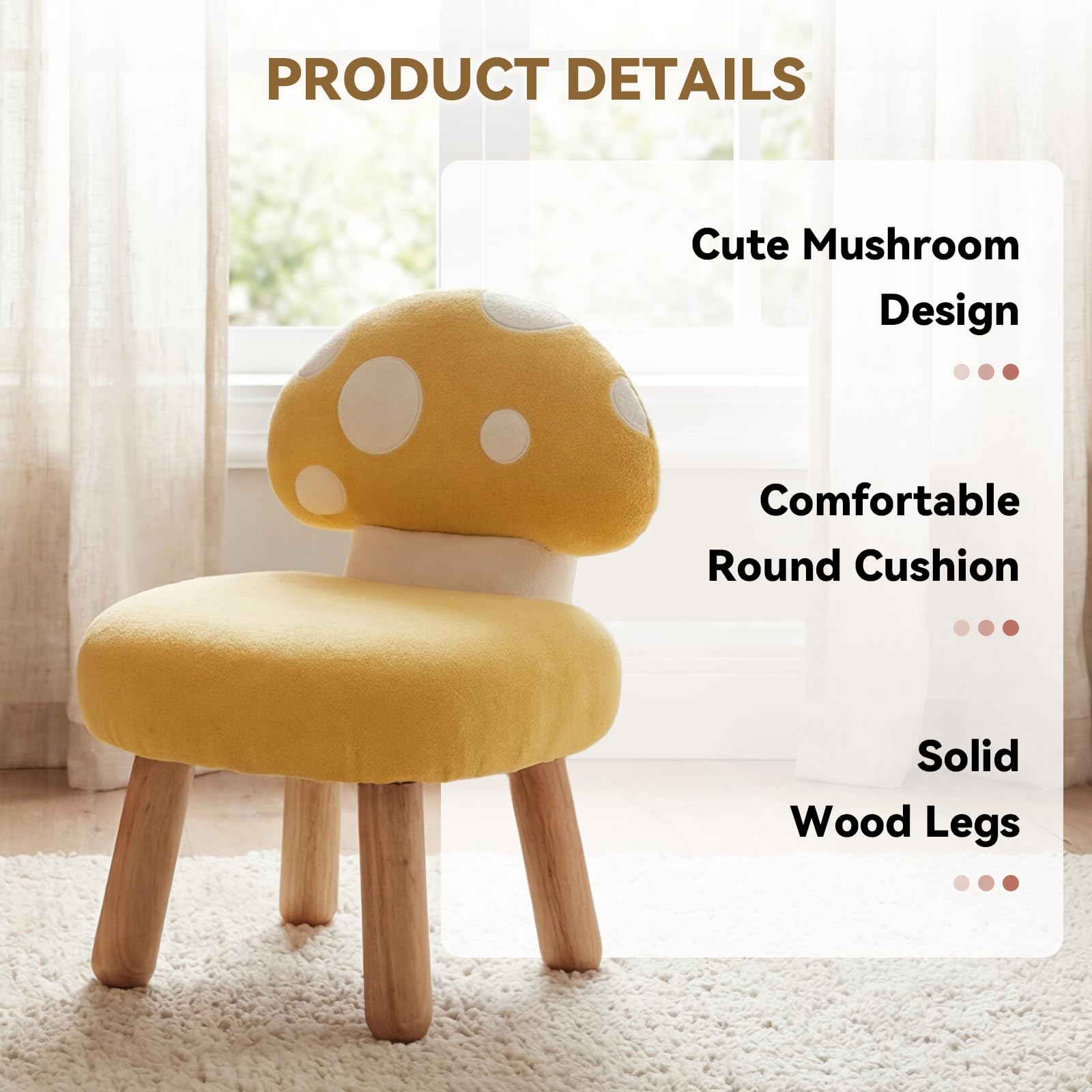 Kindersessel für Kinderzimmer Chenille Kinderstuhl mit Pilzförmiger Rückenlehne Kindersofa Holzbeinen, Kindercouch für Spielzimmer, Gelb