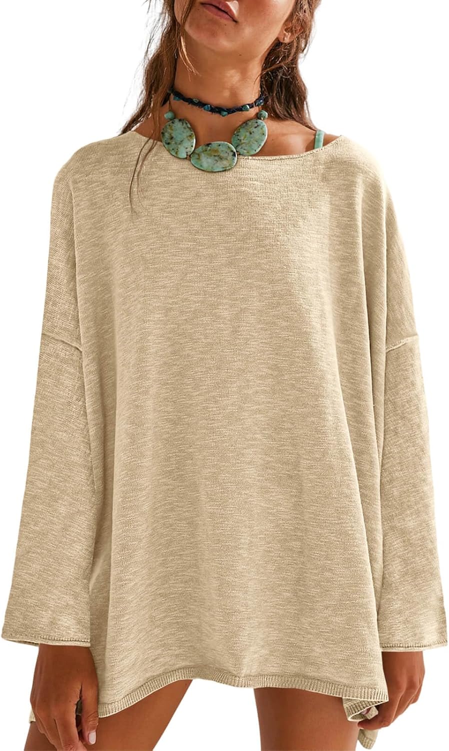 Tankaneo Womens Long Sleeve Shirts Oversized Lightweight Sweaters Crewneck Side Slit Hem Casual Blouse Tunic Tops