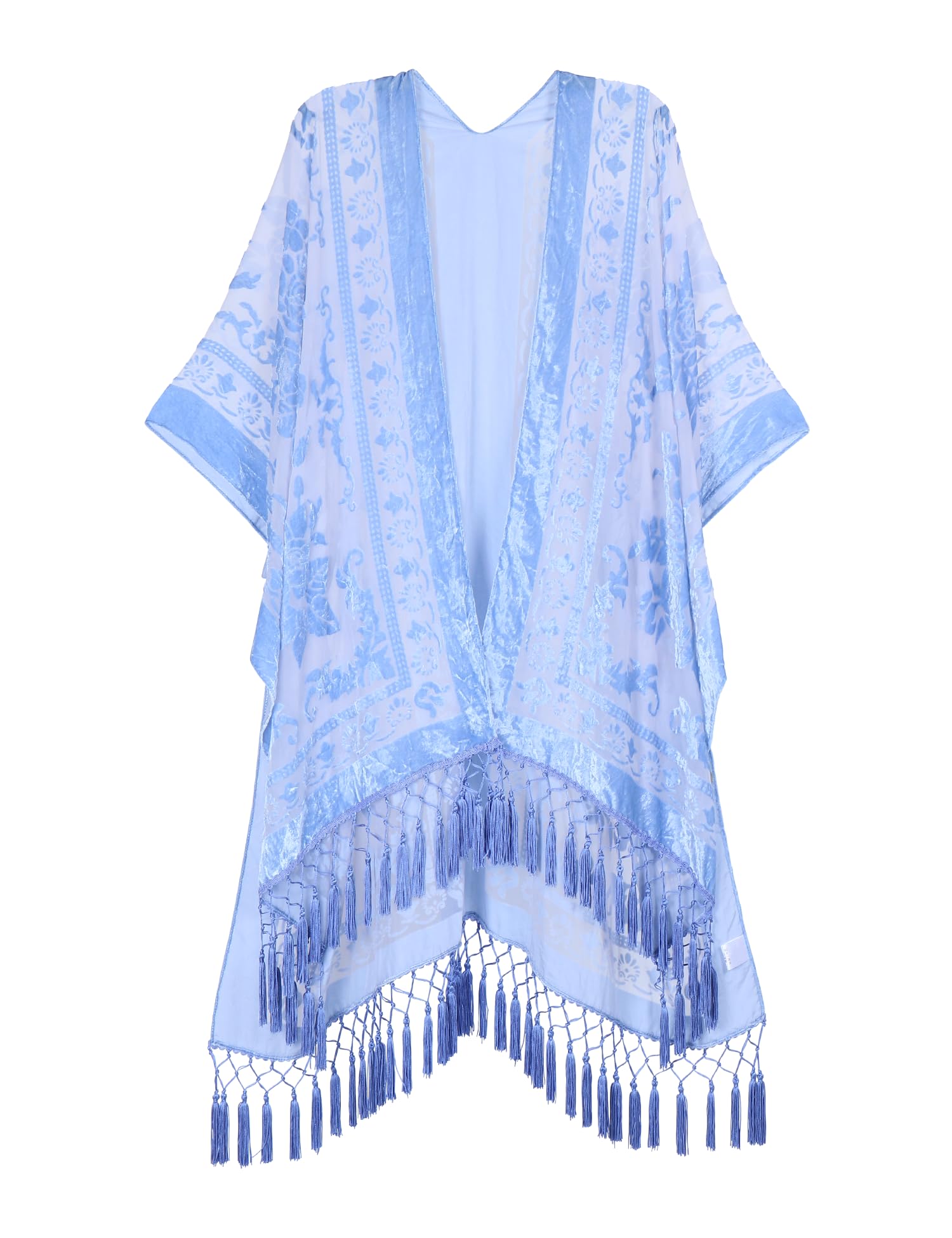 MJ SERECA Women's Burnout Velvet Kimono Long Cardigan Cover Up with Tassel (Blue)
