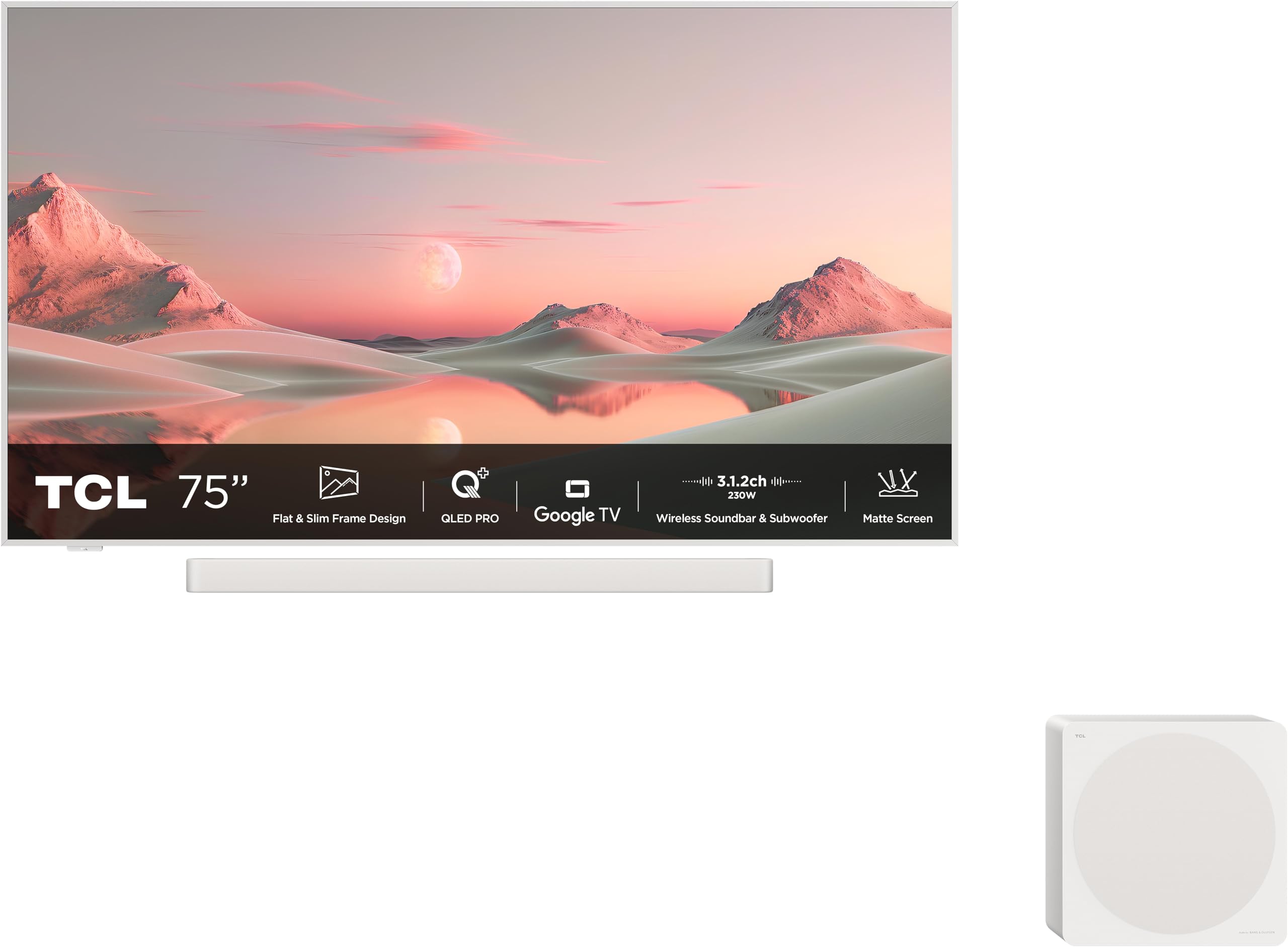 Pack TV QLED Pro TCL 75A300PRO NXTFrame 190 cm 4K UHD 2024 Aluminio cepillado + Barra de sonido 3.1.2ch con subwoofer