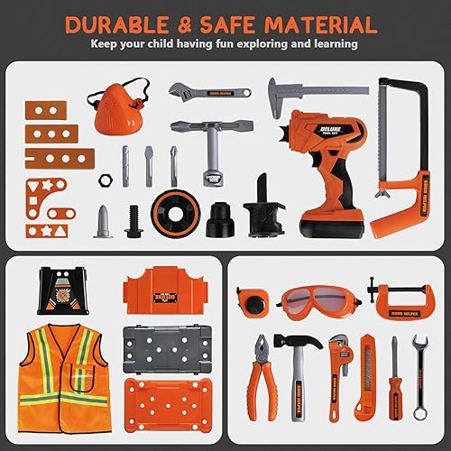 Miniatura 2 de Playhiland Banco de herramientas 2 en 1 para niños, 78 piezas, banco de herramientas para niños pequeños con caja de herramientas y taladro