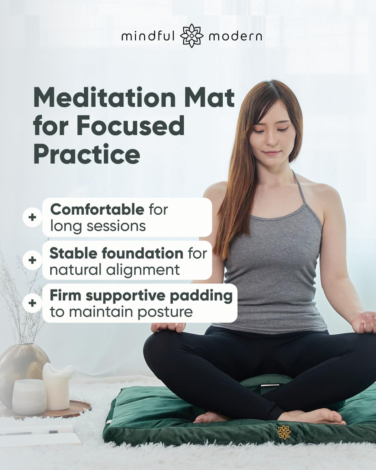 Mindful Modern Tappetino da meditazione in velluto Zabuton, lussuoso cuscino da meditazione con imbottitura in 100% cotone, per una migliore postura e un maggiore comfort per Zafu o panca (verde