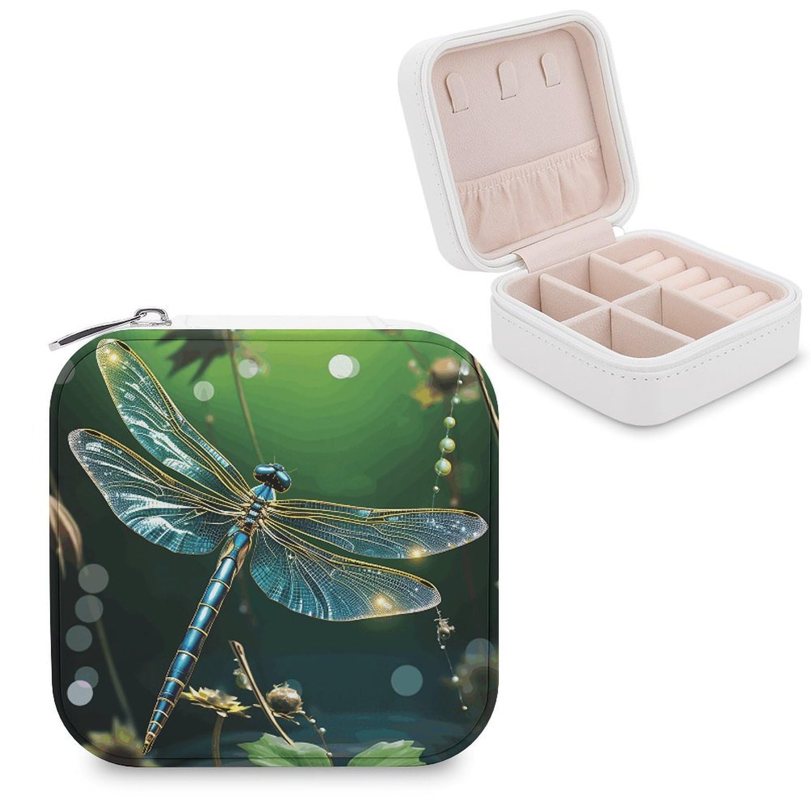VstaDank Dragonfly Green Jewelry Box Exquisite Leather Jewelry Organizer Portable Trinket Organizer Fashion Travel Jewelry Case for Rings Earrings Necklaces Unique Gifts for Women