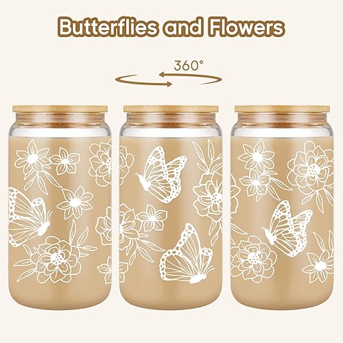 Miniatura 2 de Fairy's Gift Regalos de mariposa para mujeres, mamá, taza de café helado, vasos de vidrio con mariposas florales estéticas con tapas y pajitas,