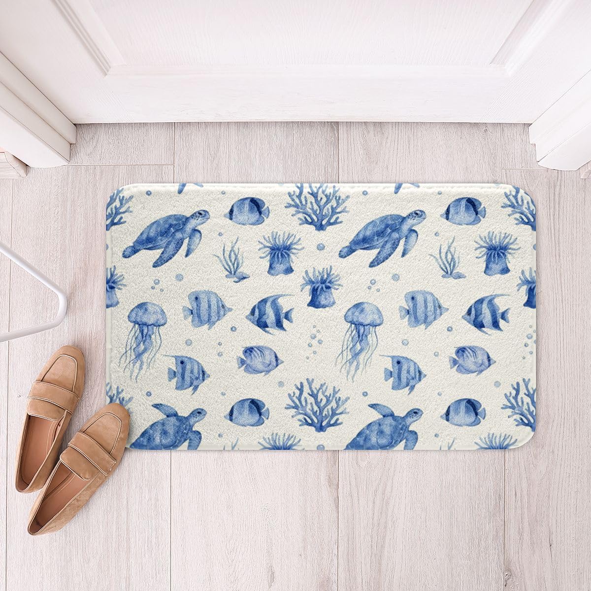 Castle Fairy Sea Turtle Bathroom Rugs,Ocean Jellyfish Seaweed Non Slip Bath Mats,Underwater World Sea Life Machine Washable Carpet for Bathroom Light Blue Soft and Absorbent Bath Mat,16"x24"