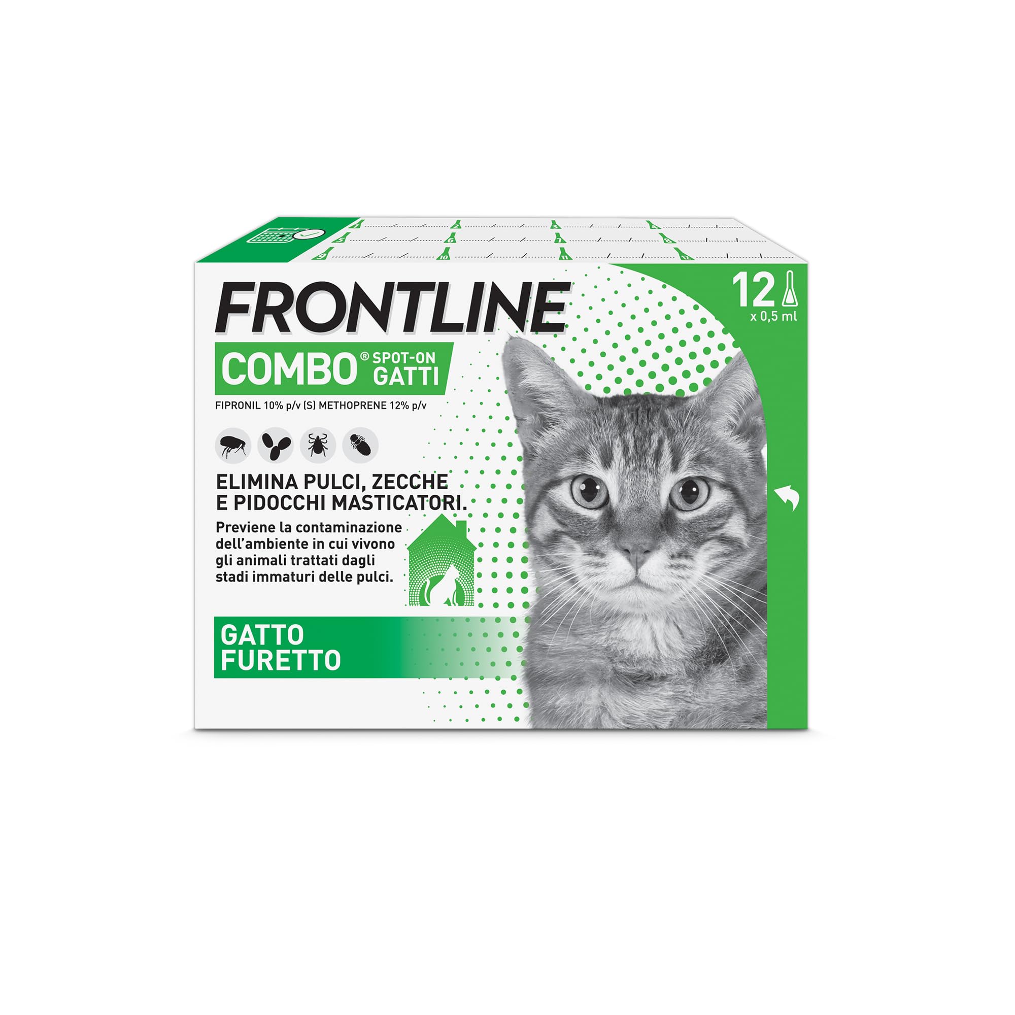 FRONTLINE Combo, 12 Pipette, Antiparassitario per Gatti, Gattini e Furetti di Lunga Durata, Protegge da Pulci, Zecche, Uova, Larve e Anche la Casa, Antipulci In 2 Confezioni da 6 Pipette da 0.5 ml