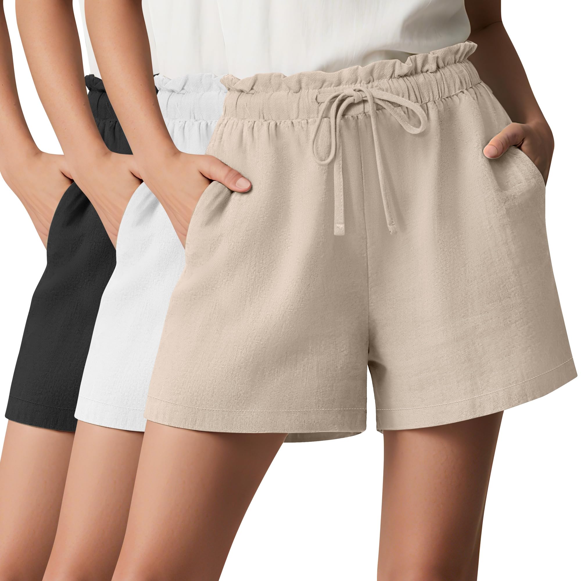 Neer 3 Pack Women's Linen Shorts with Pockets Drawstring High Elastic Waisted Wide Leg Loose Casual Summer Shorts