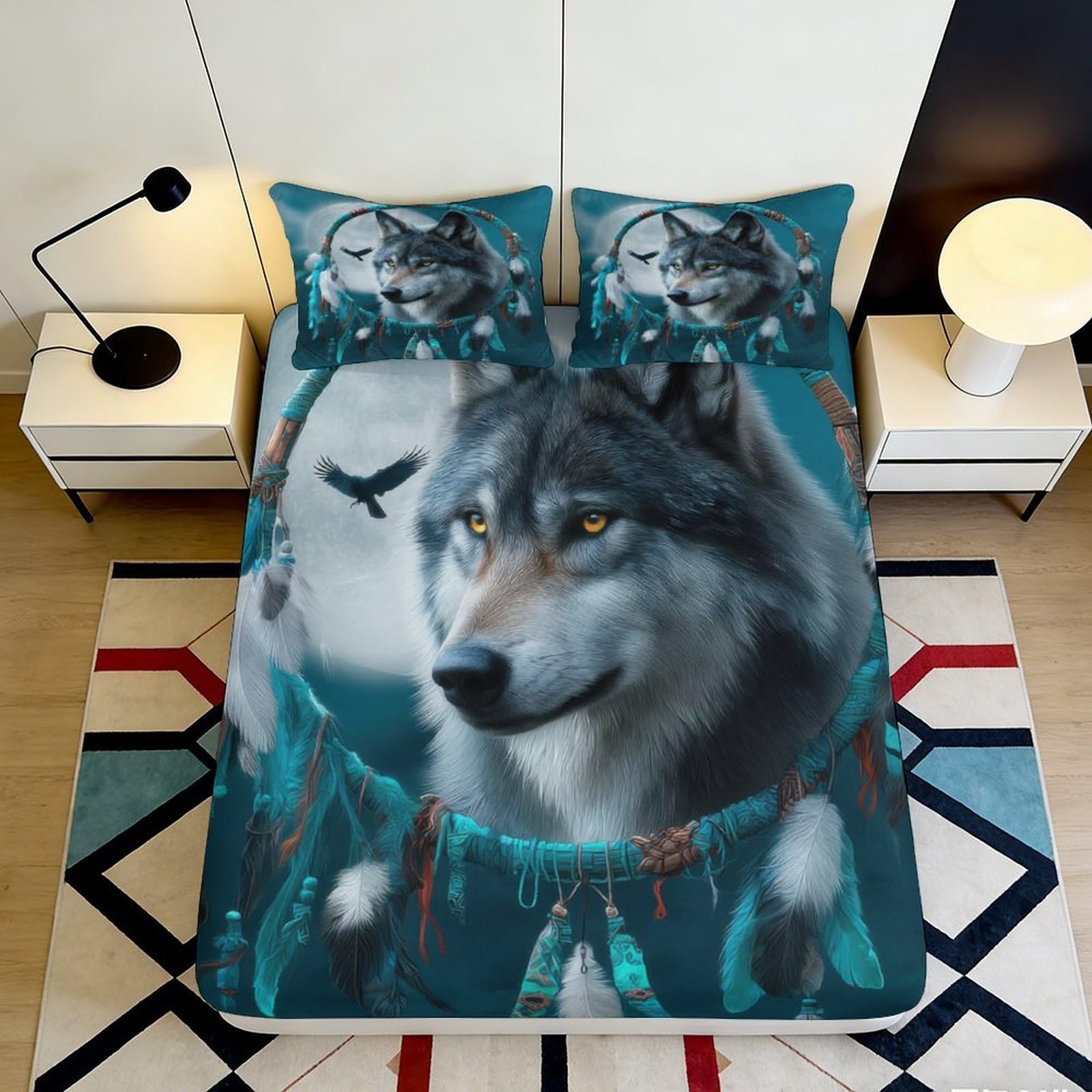 3D Printed Wolf Dreamcatcher Fitted Sheet Microfiber Blue Animal Moon Bed Cover for Bedroom Guest Room Decor 180x200x25cm