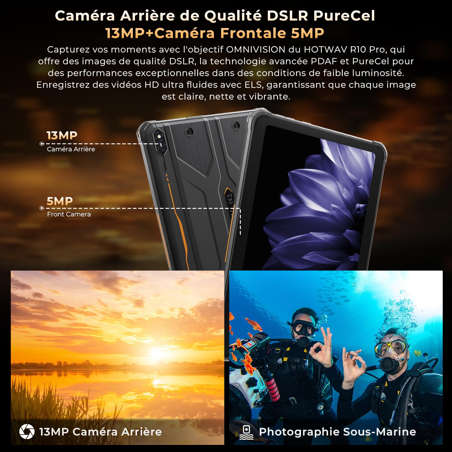 HOTWAV R10 Pro Tablette Incassable-20Go + 256Go/TF 1To Android 14 Tablette | 10080mAh Battery, Écran 10.1" HD+ Tablette Chantier, 13MP+5MP, Octa Core, Dual SIM 4G, Face ID, IP68&IP69K, GPS/OTG