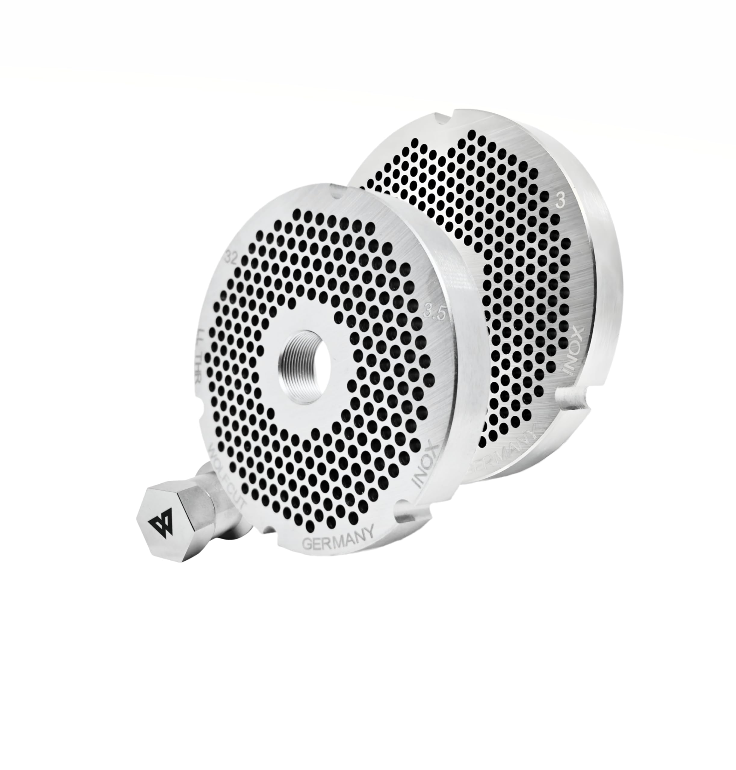 Wolfcut Inox Longlife - Juego de cuchillas para picadora de carne (4 ranuras y rosca de 3,0 mm + orificio de 3,5 mm y tapa de rosca, repuesto para/compatible con picadora Bizerba FW-N32, tamaños 32)
