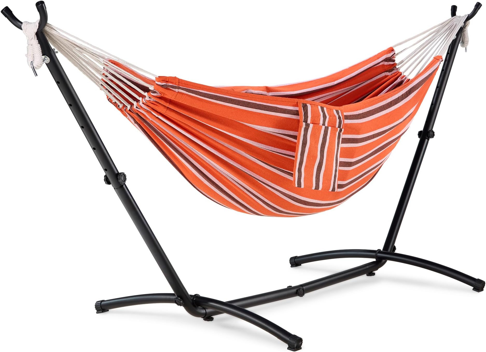 VonHaus Hammock with Stand - Freestanding 2 Person Striped Hammock Seat with Steel Frame - Polycotton Material & Adjustable Frame for Garden - Travel Bag for Beach, Camping & Outdoors - Orange Stripe